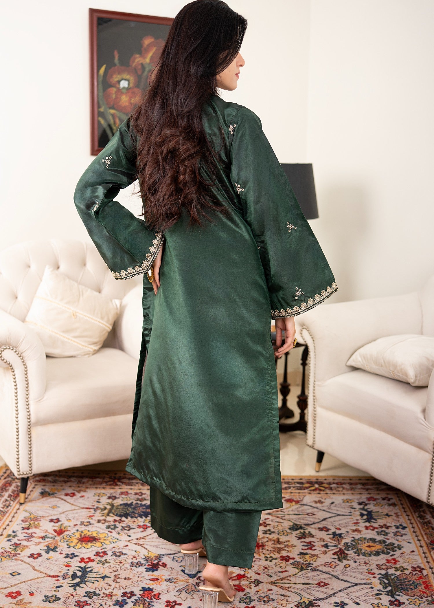 kattan silk Kurta Set in Dark green