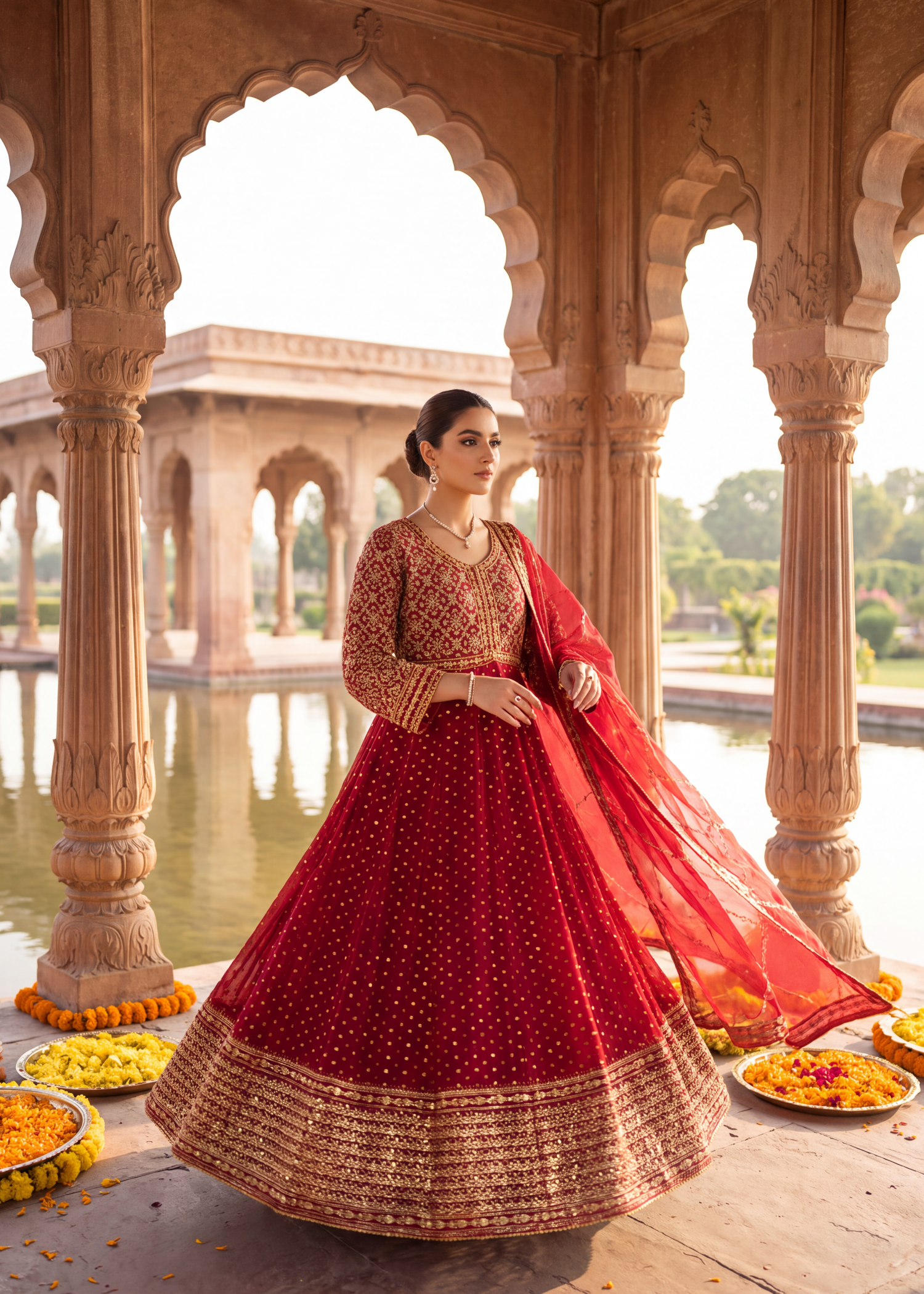 chiffon Pishwas in Crimson