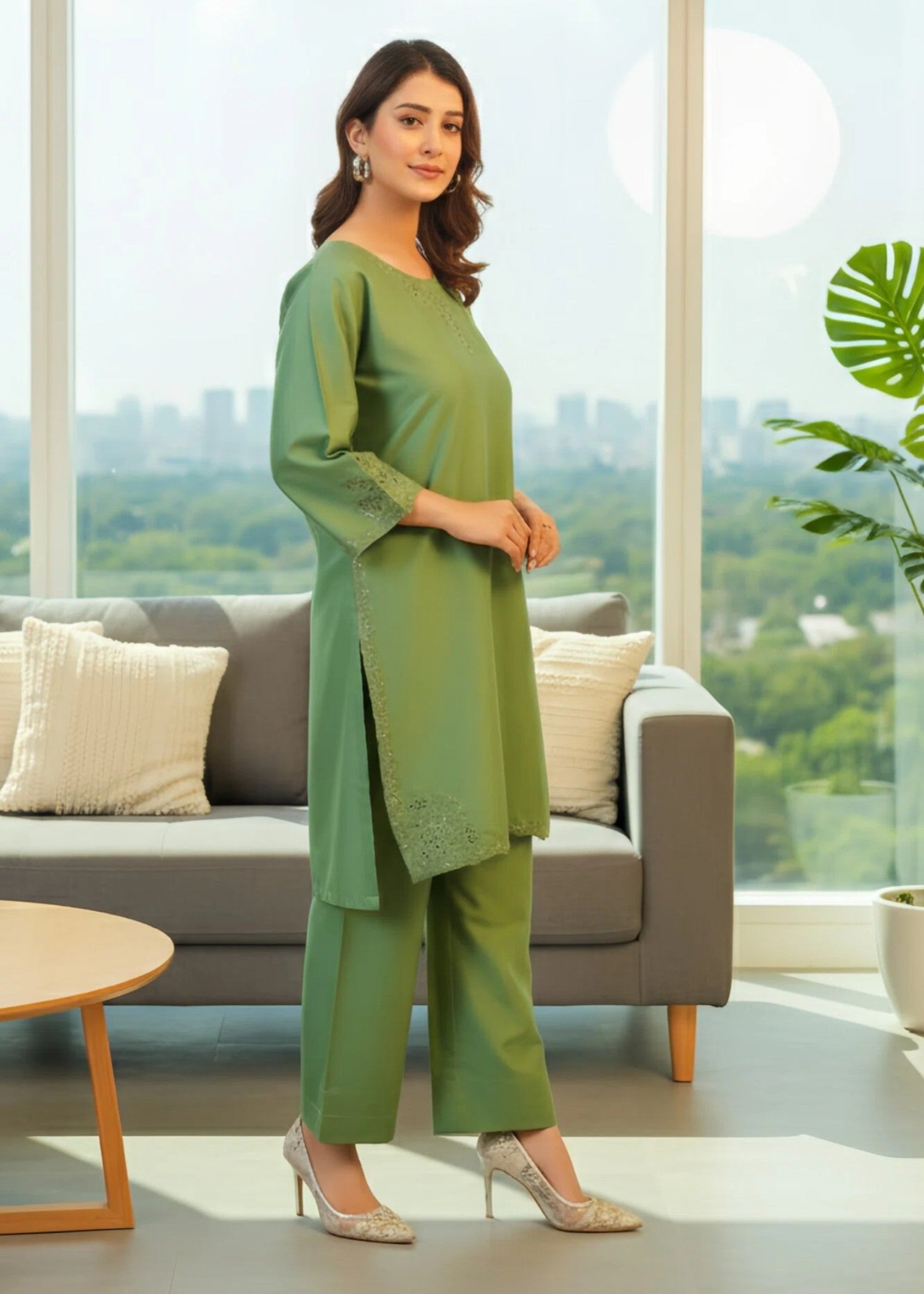 linen Kurta Set in Moss green