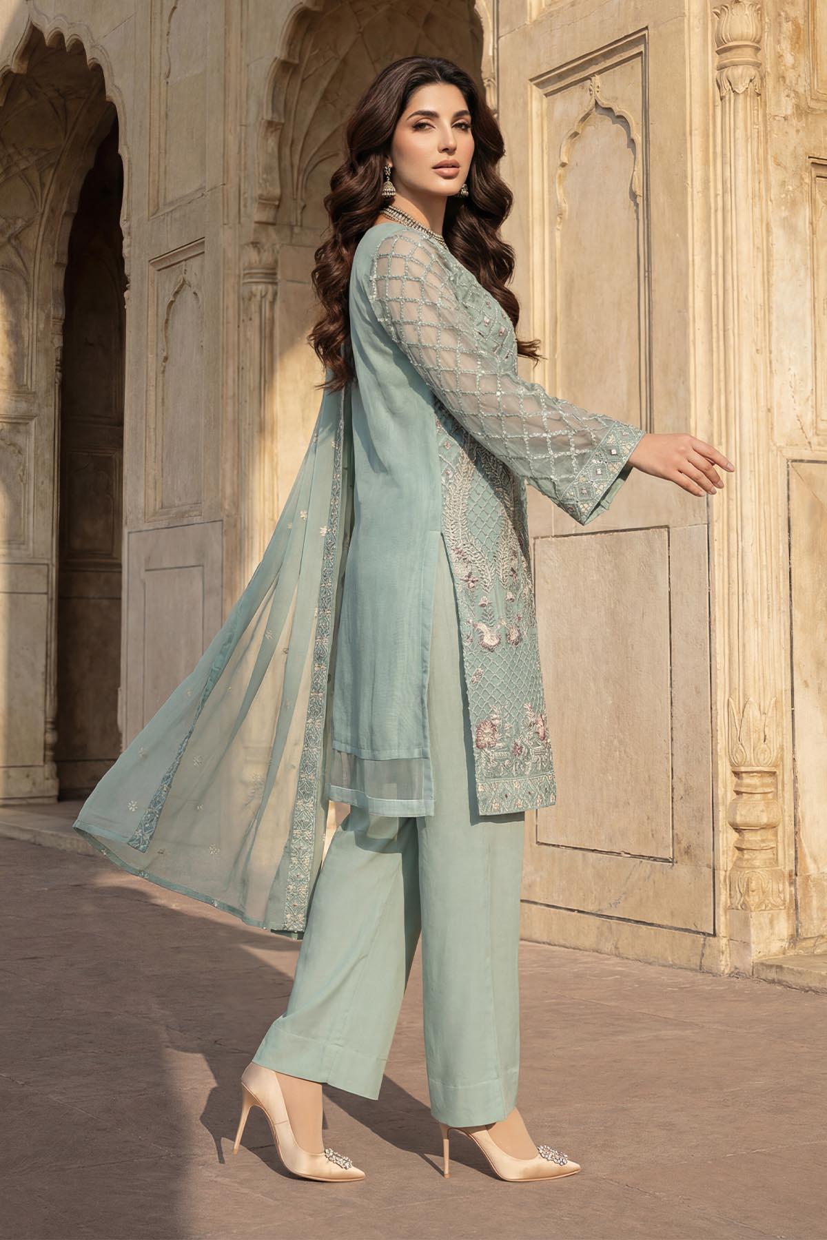 silk cotton net Kurta Set in Pastel green