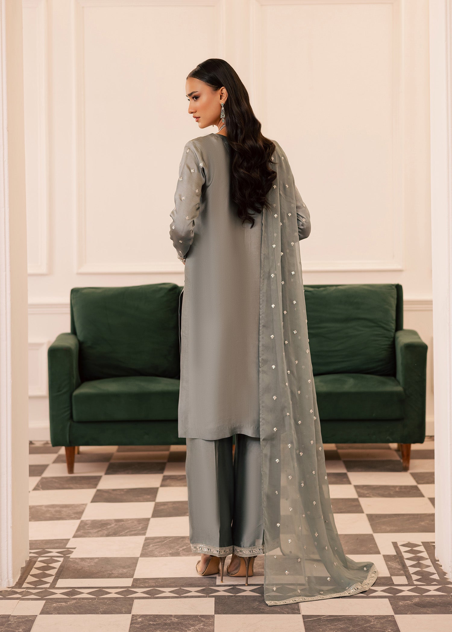 thai silk Kurta Set in Ash grey