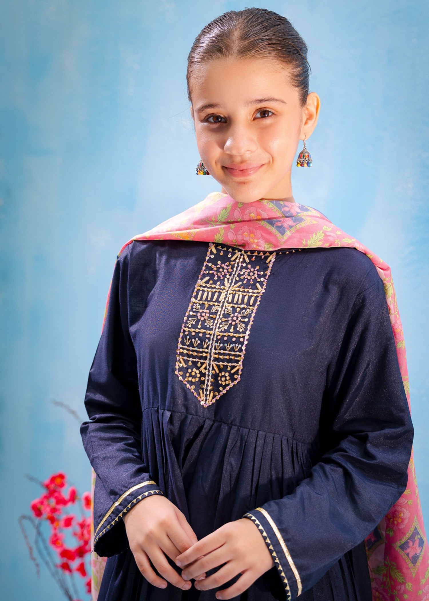 lawn Short Frock in Navy blue