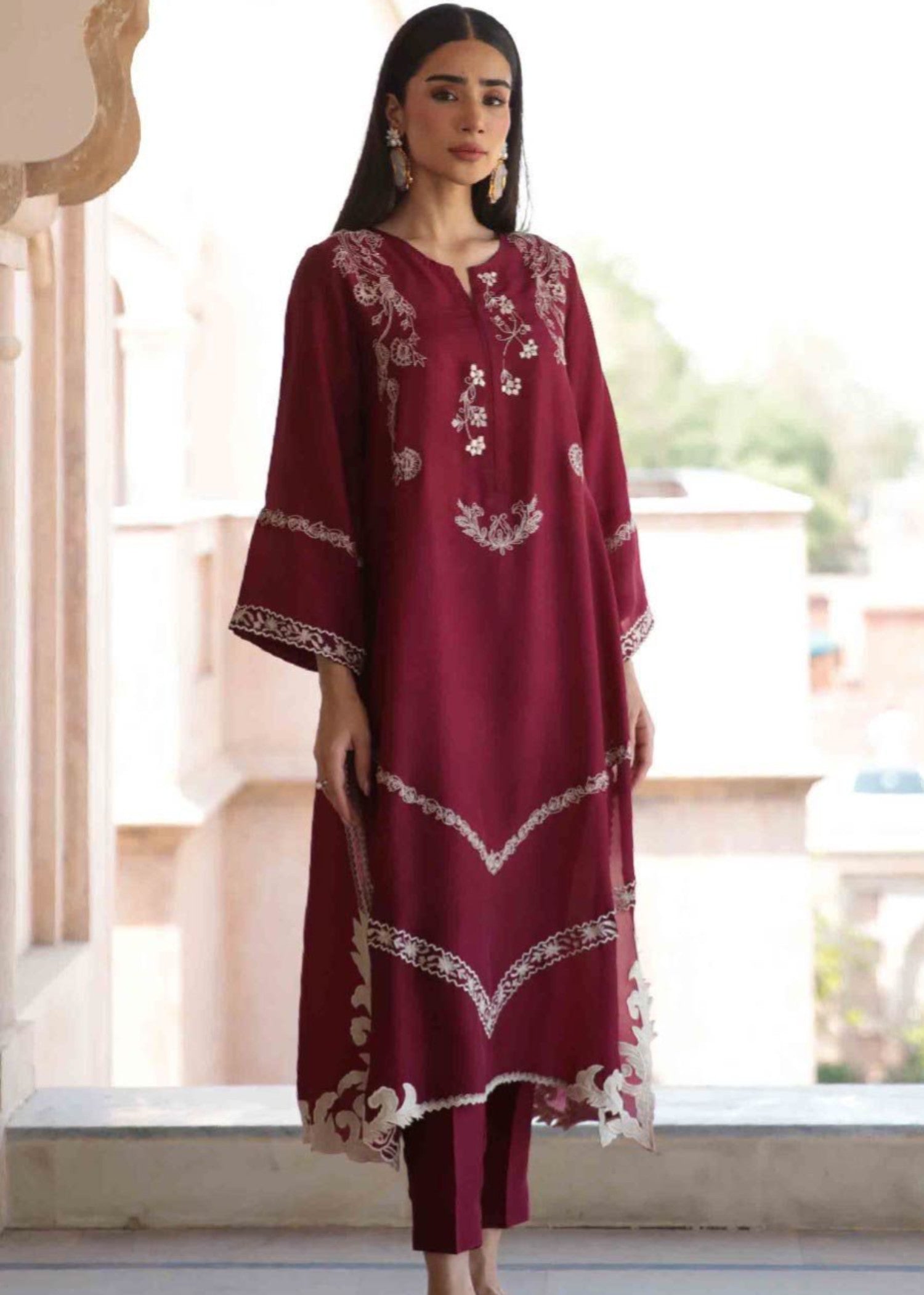 lawn Kurta Set in Burgundy