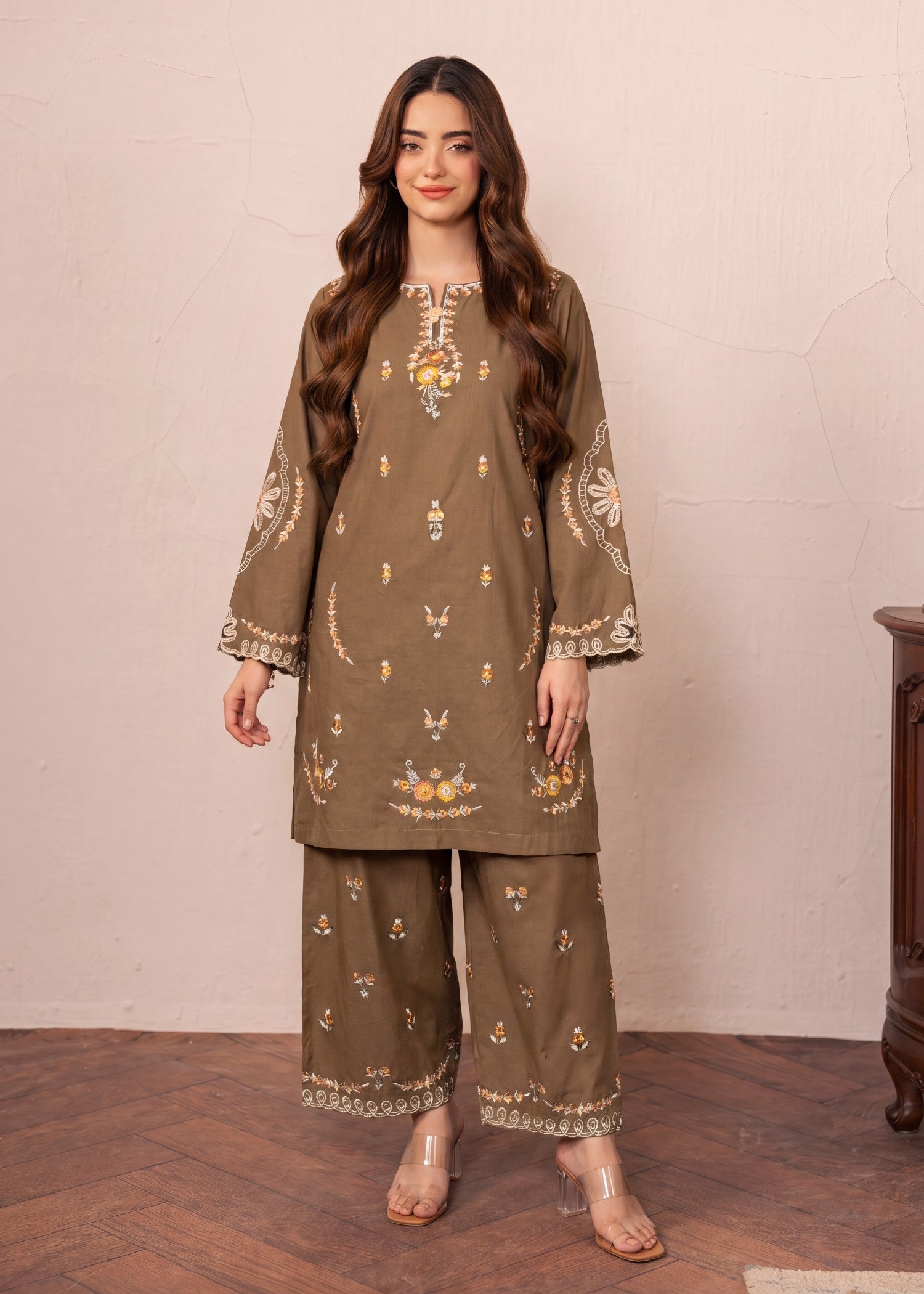 lawn Kurta Set in Camel brown