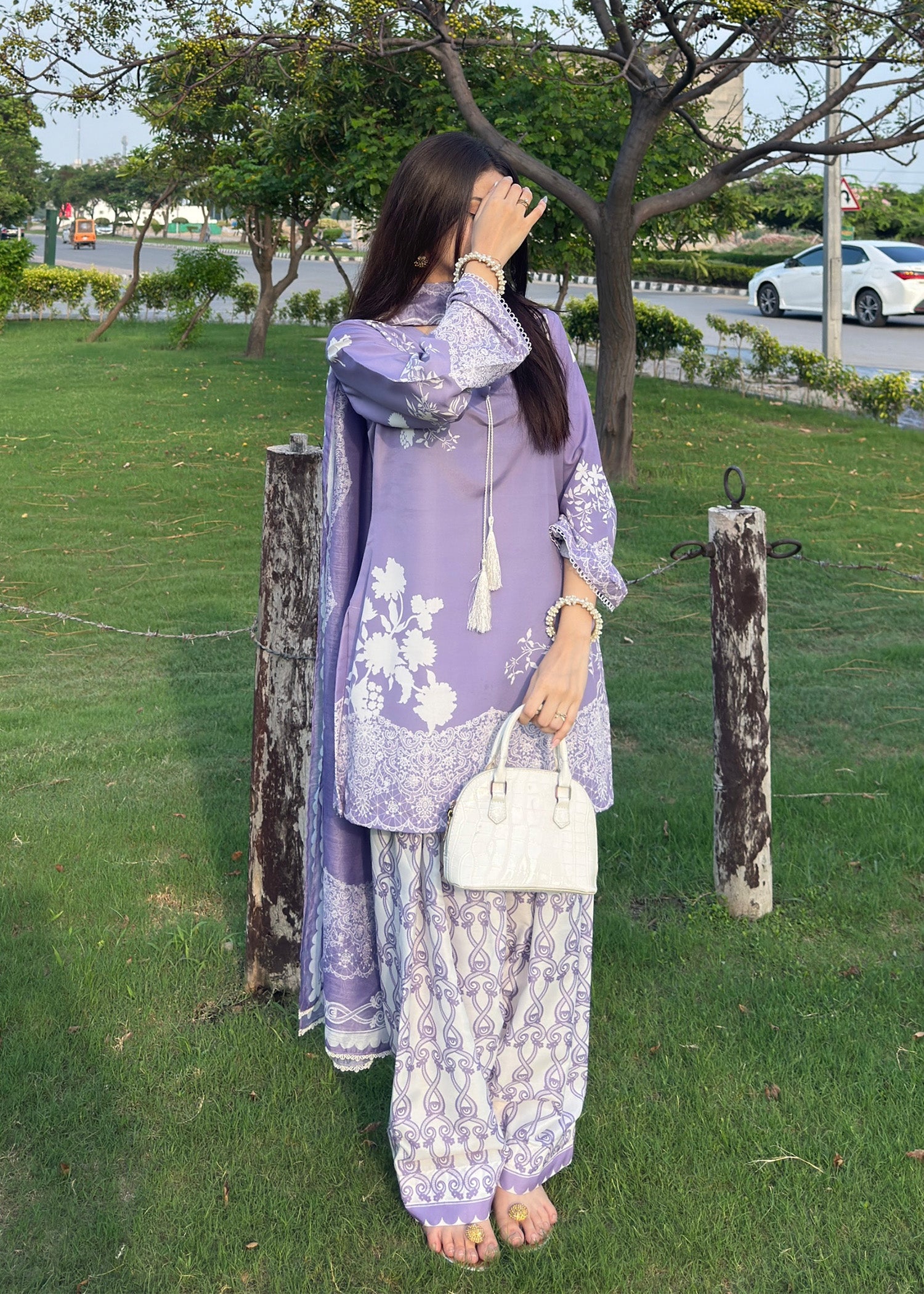 silk finish lawn Kurta Set in Lilac
