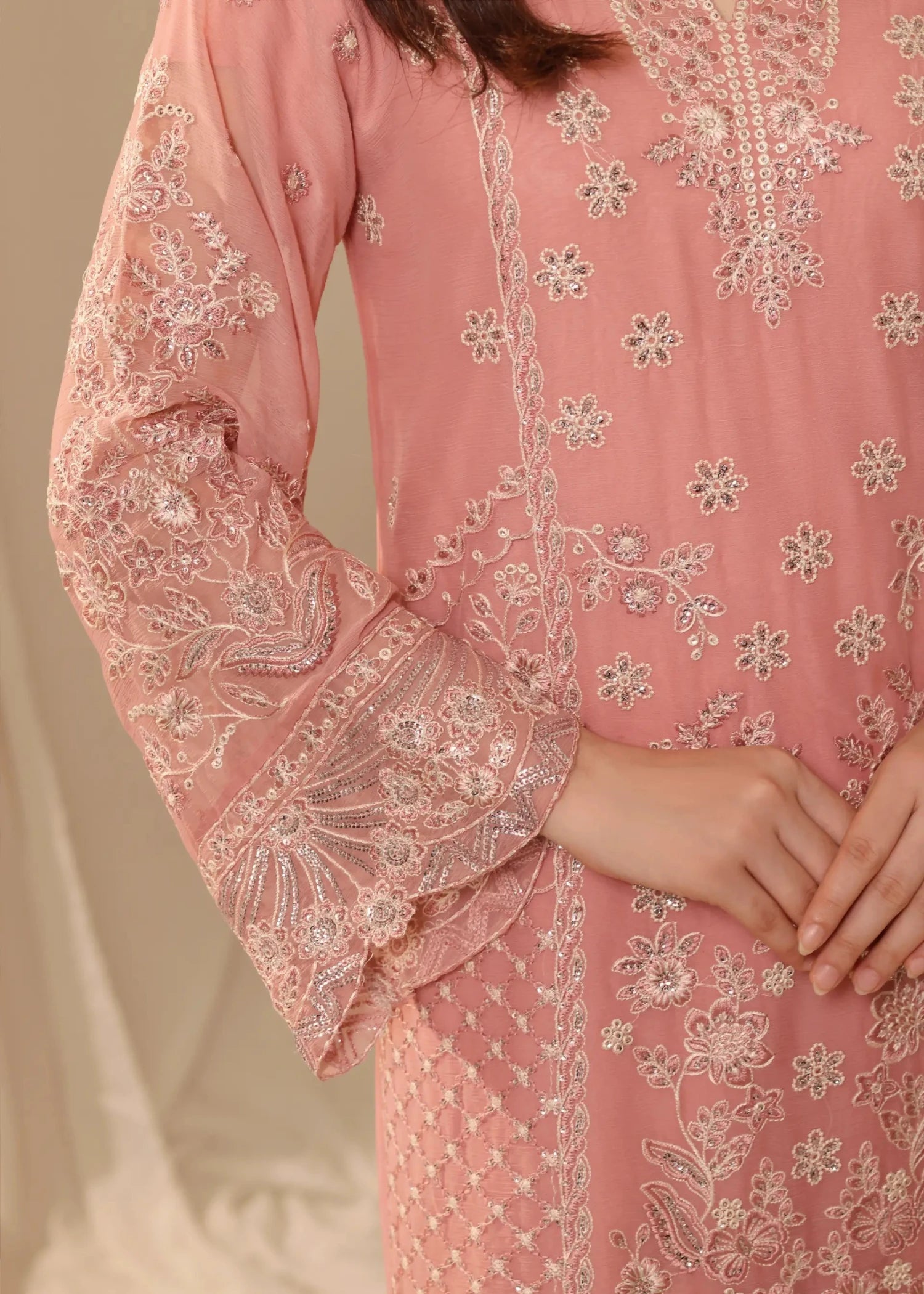 chiffon Kurta Set in Tea rose pink