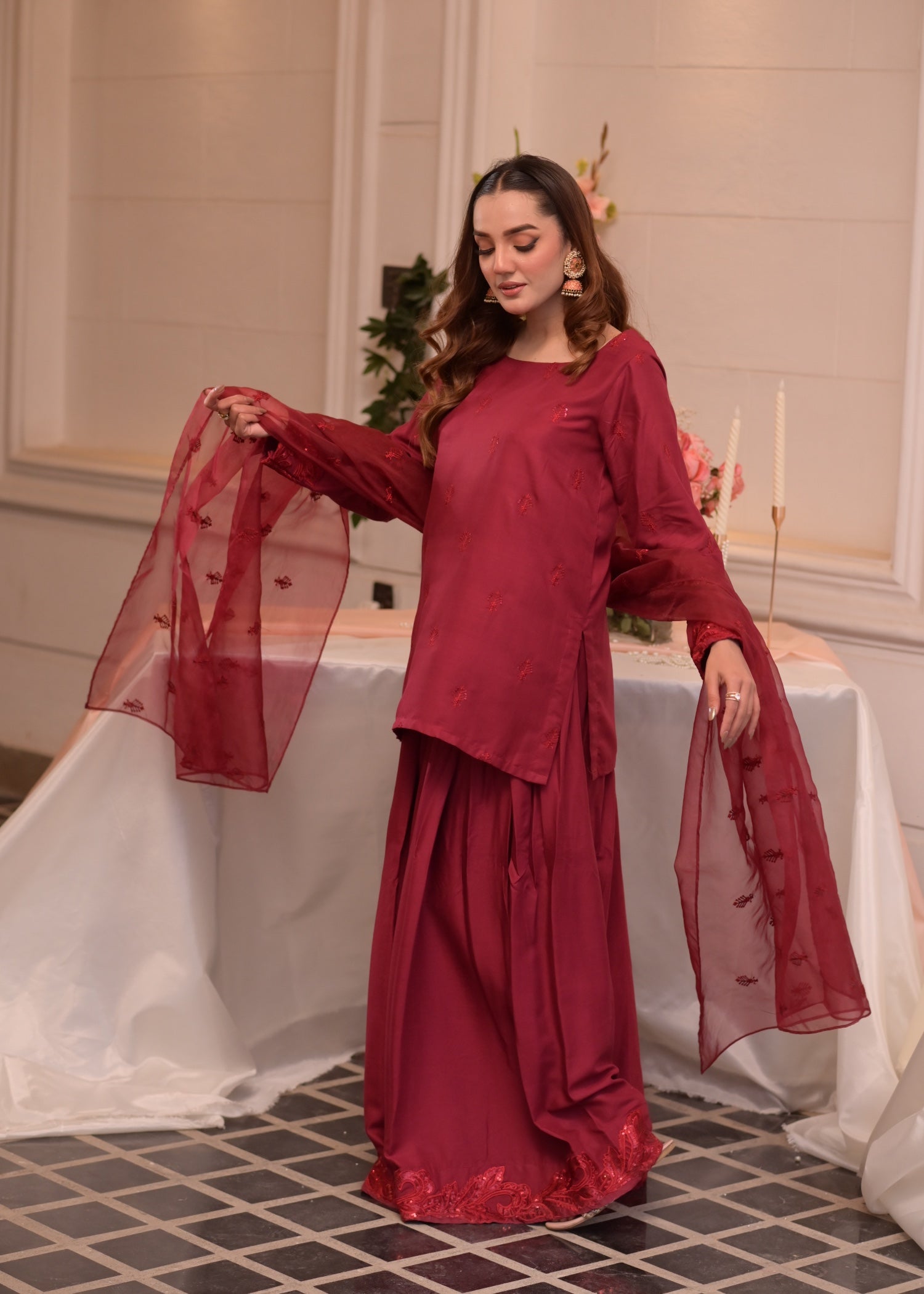 irish linen Sharara in Berry red
