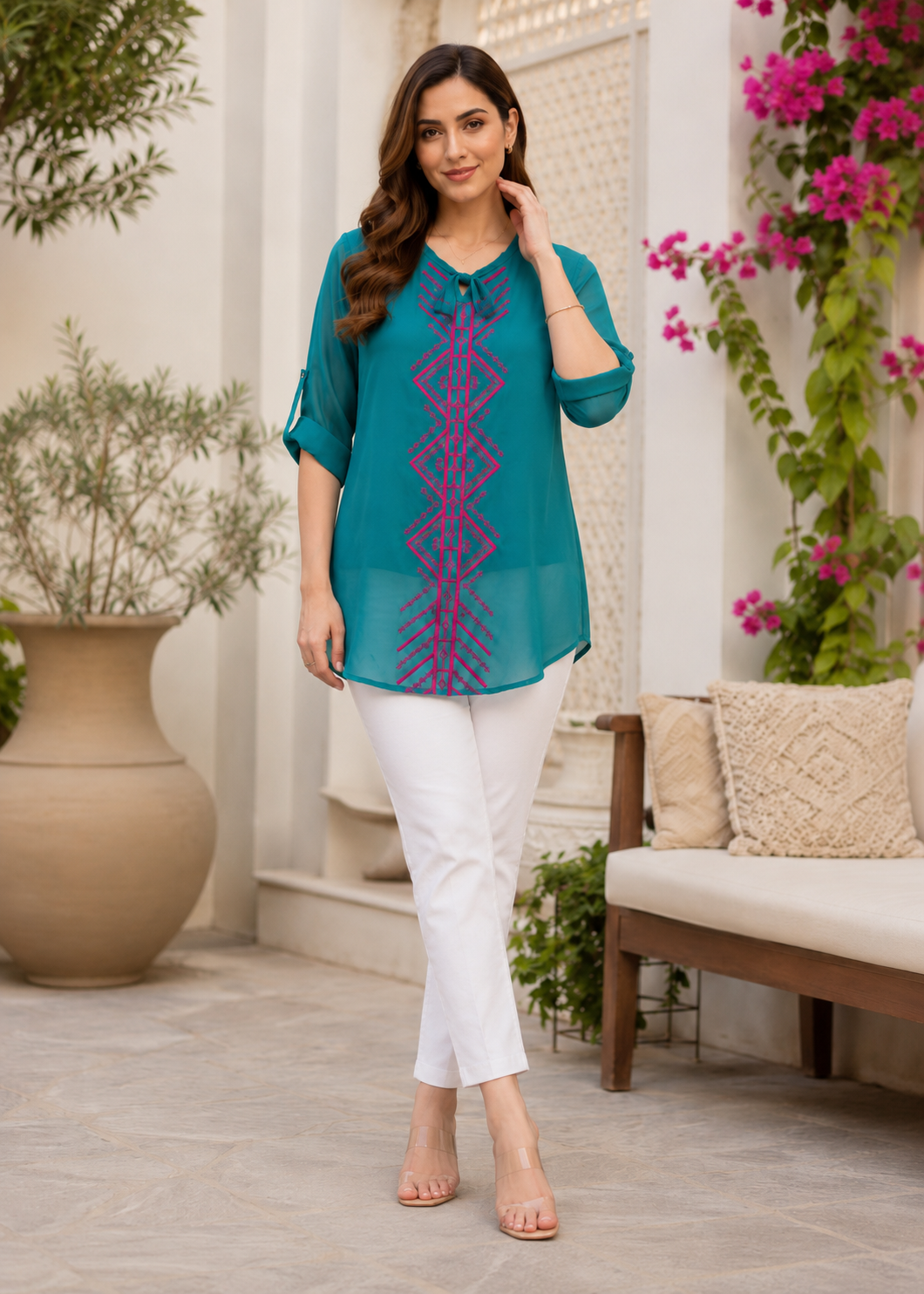 polyester chiffon Top in Teal