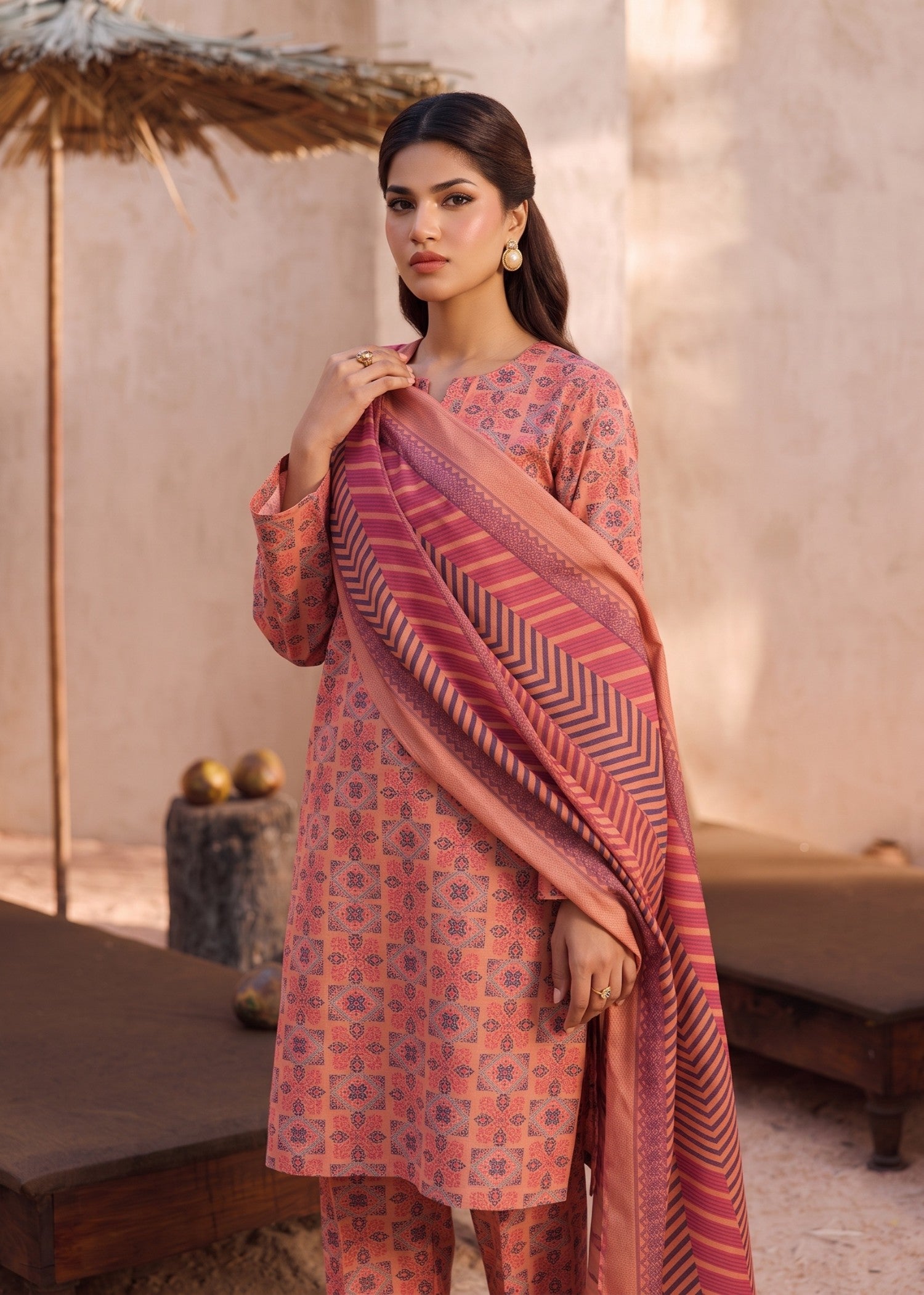 cotton Kurta Set in Peach orange