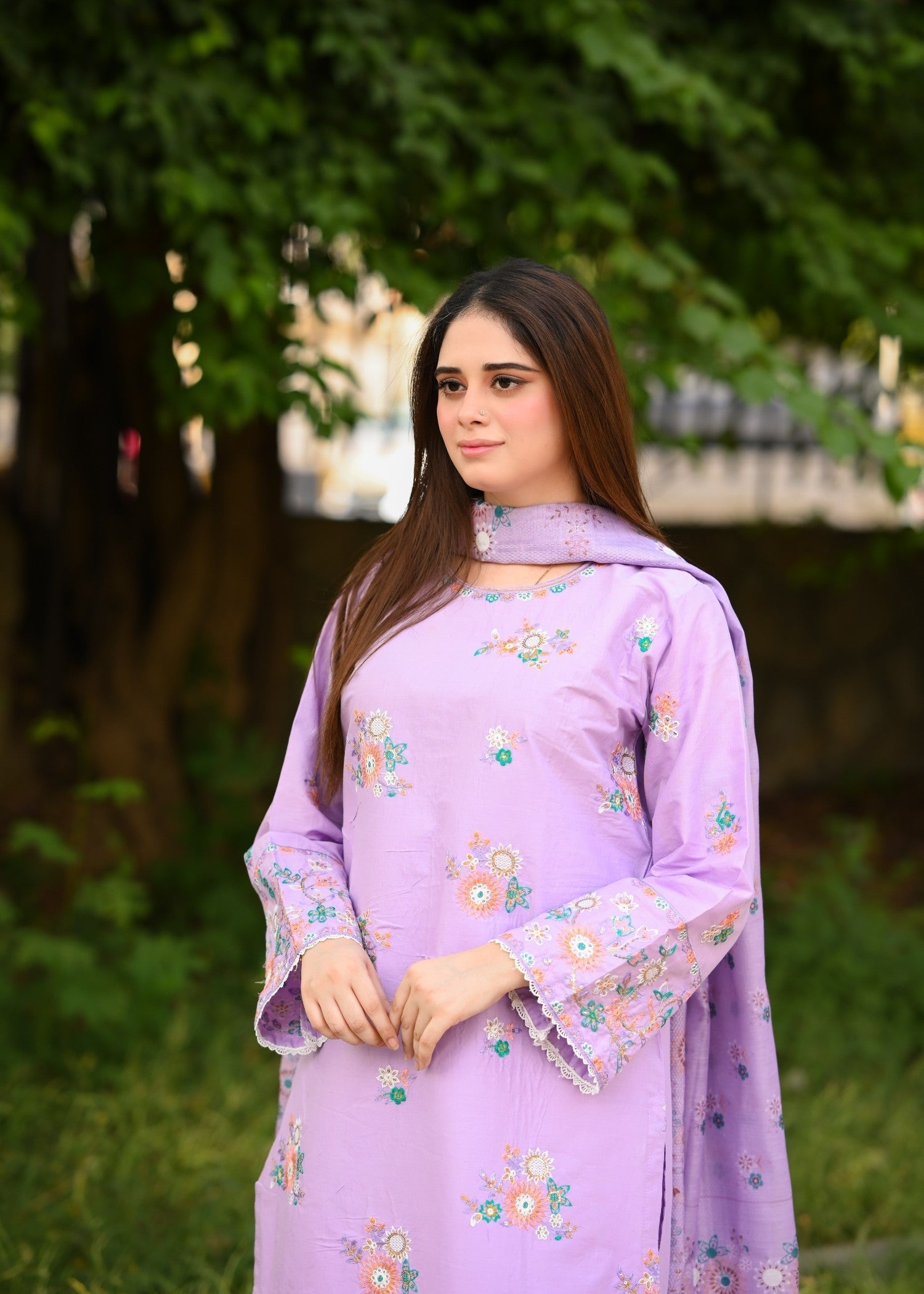cambric Kurta Set in Mauve