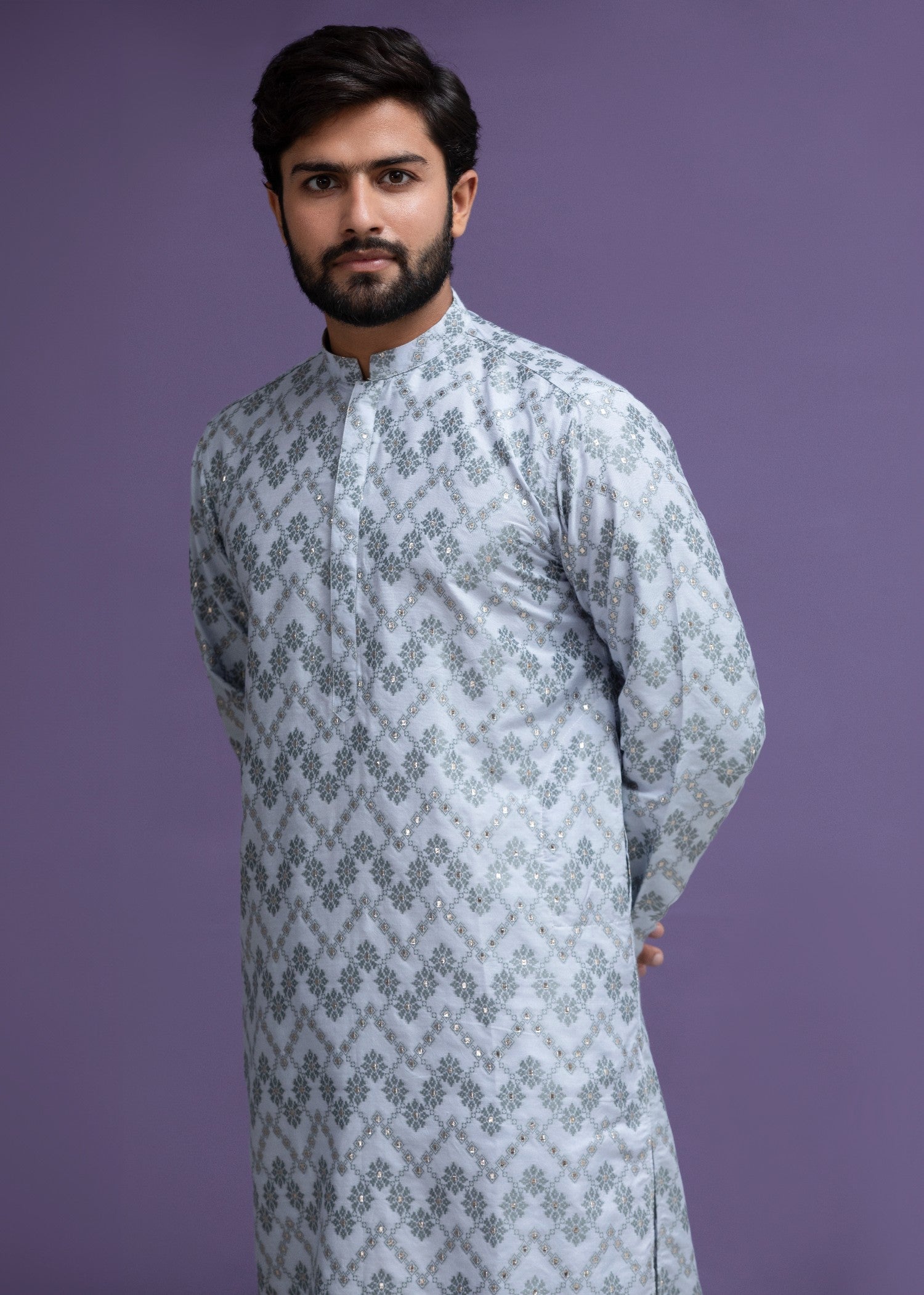 jacquard Kurta Set in Ice blue