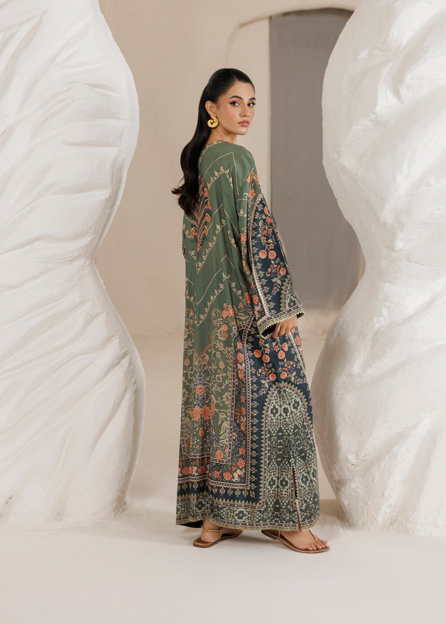raw silk Kaftan in Avocado green