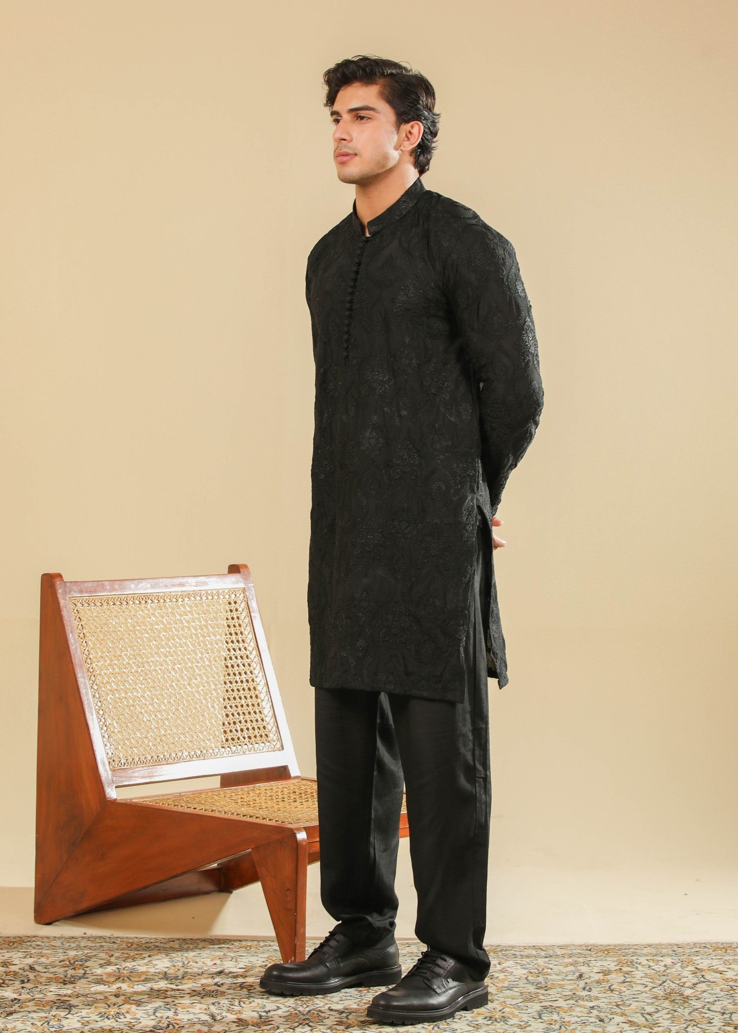 raw silk Kurta Set in Black by Muraqsh