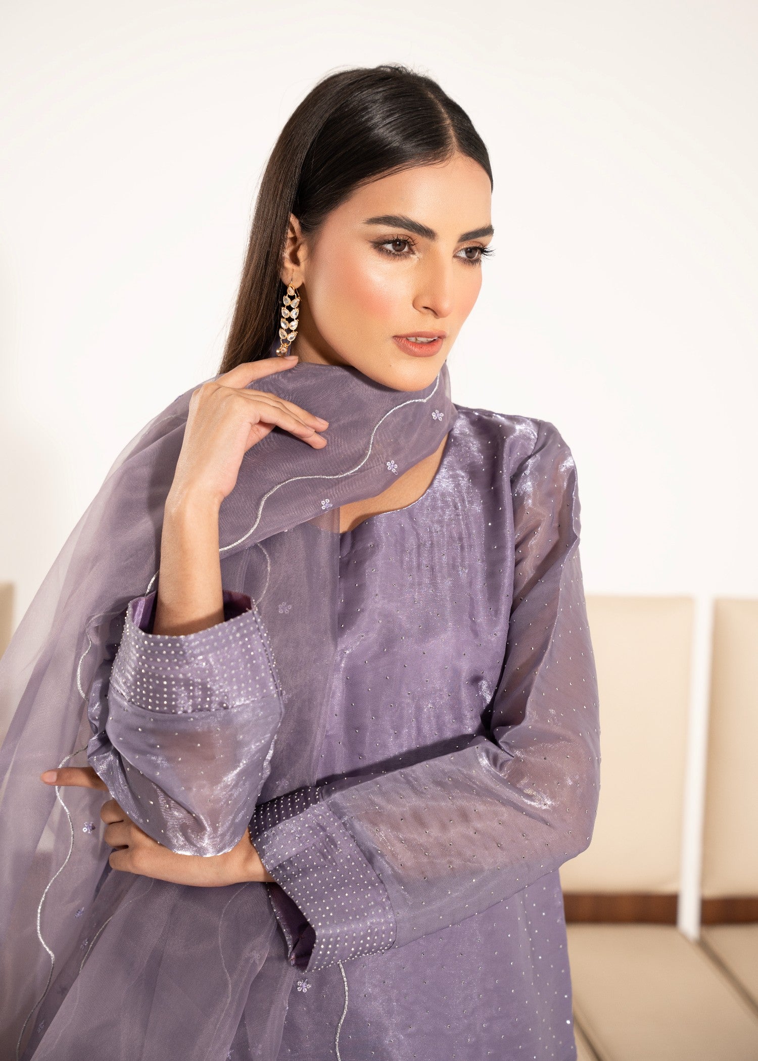 silk tissue Kurta Set in Lavender