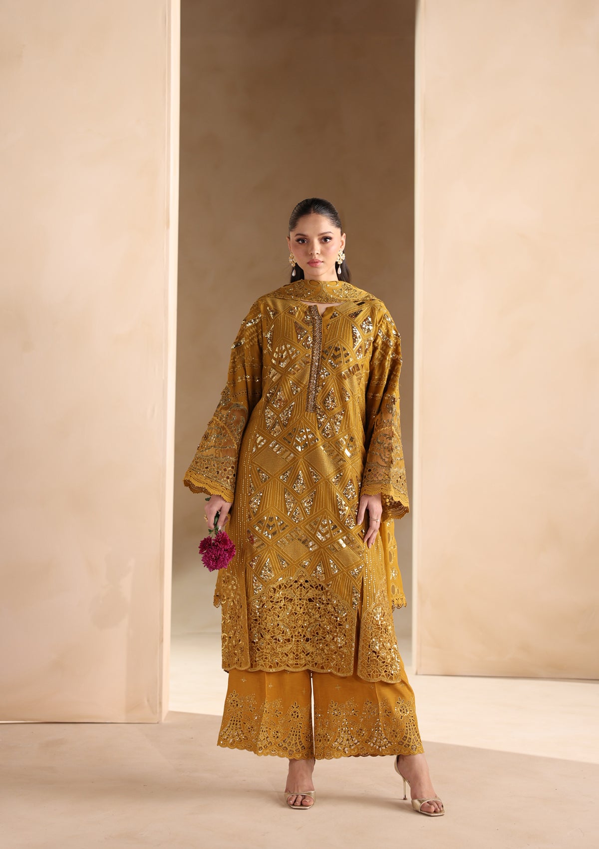chiffon Kurta Set in Mari gold