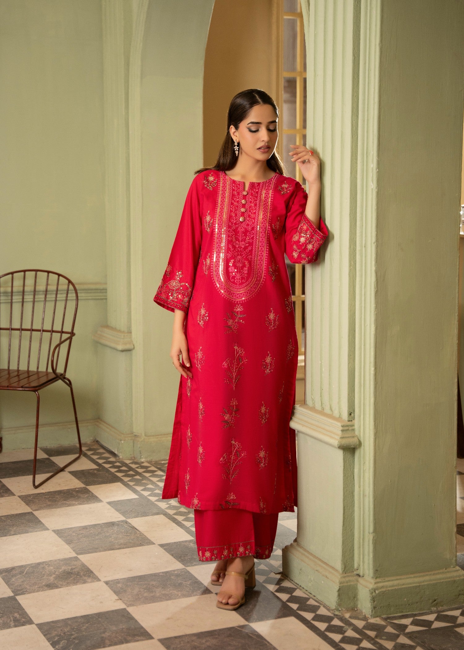 lawn cotton Kurta Set in Raspberry pink