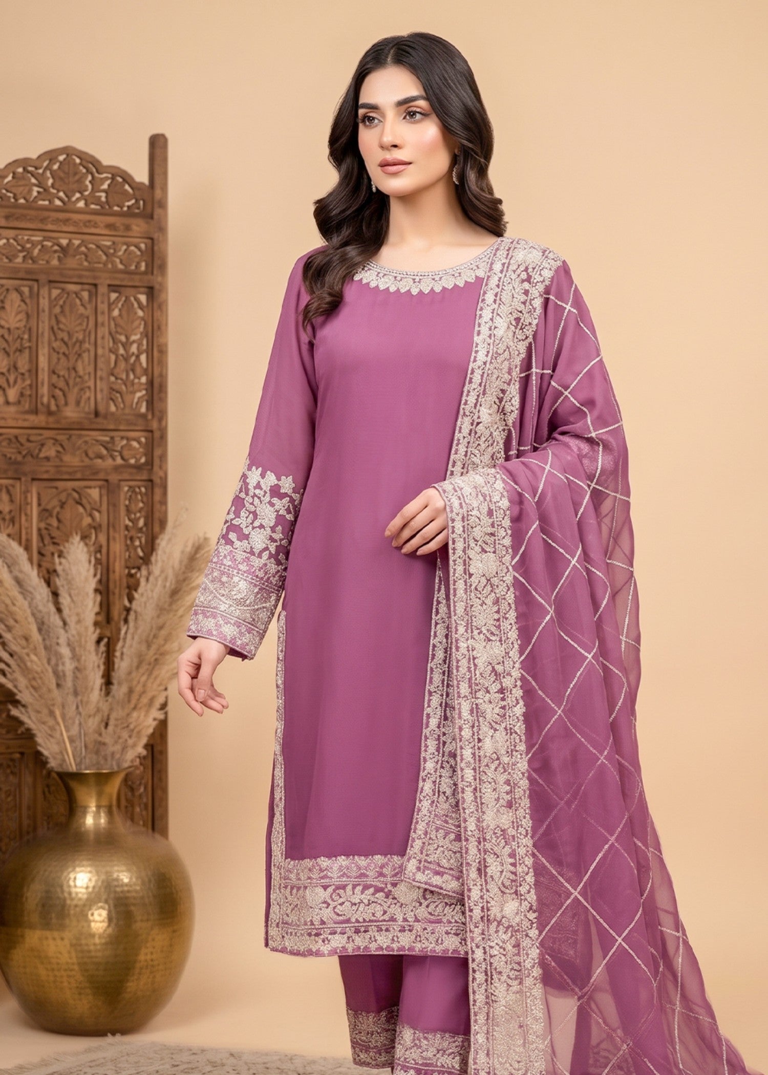 chiffon Kurta Set in Mulberry