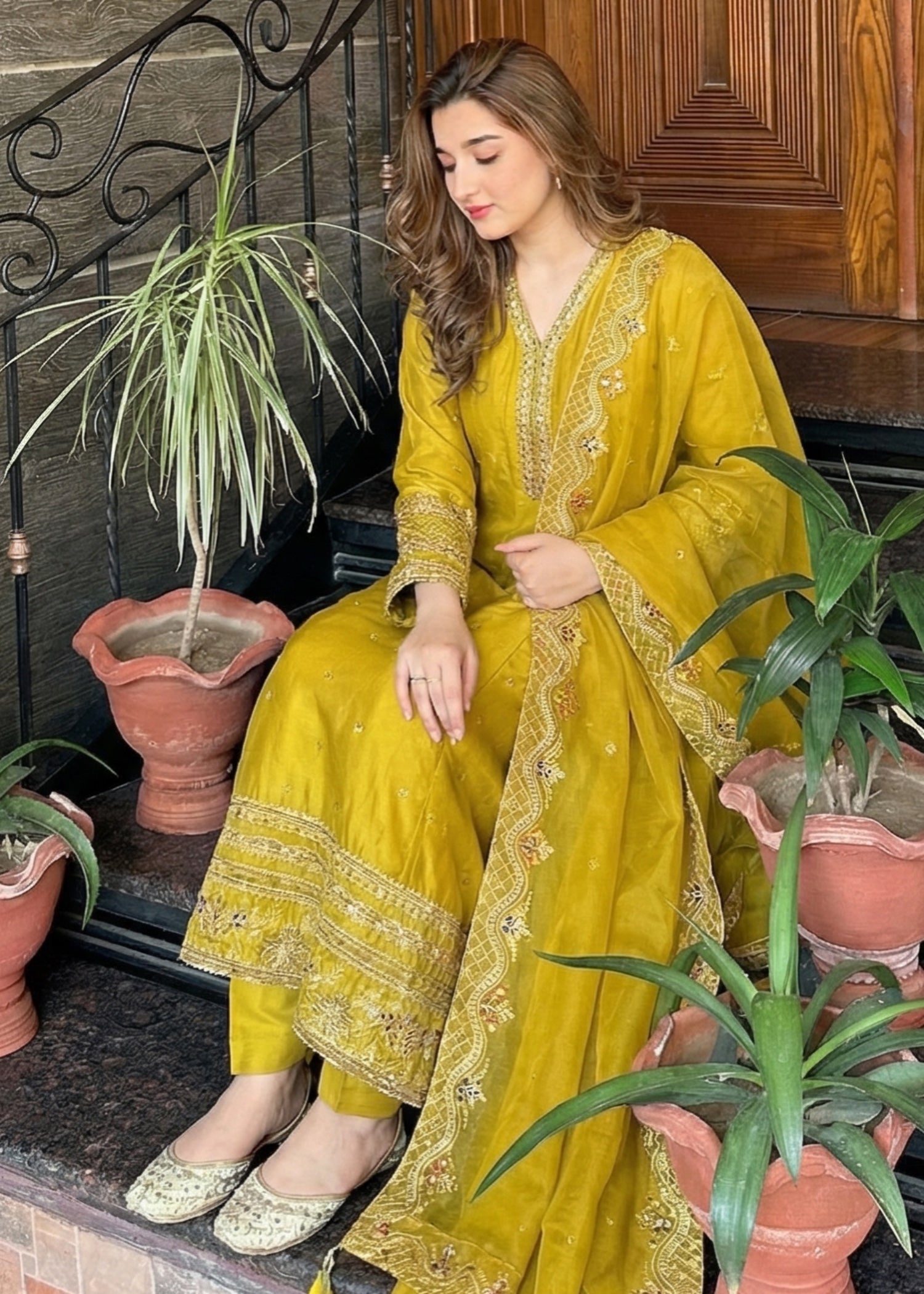 silk Pishwas in Mustard