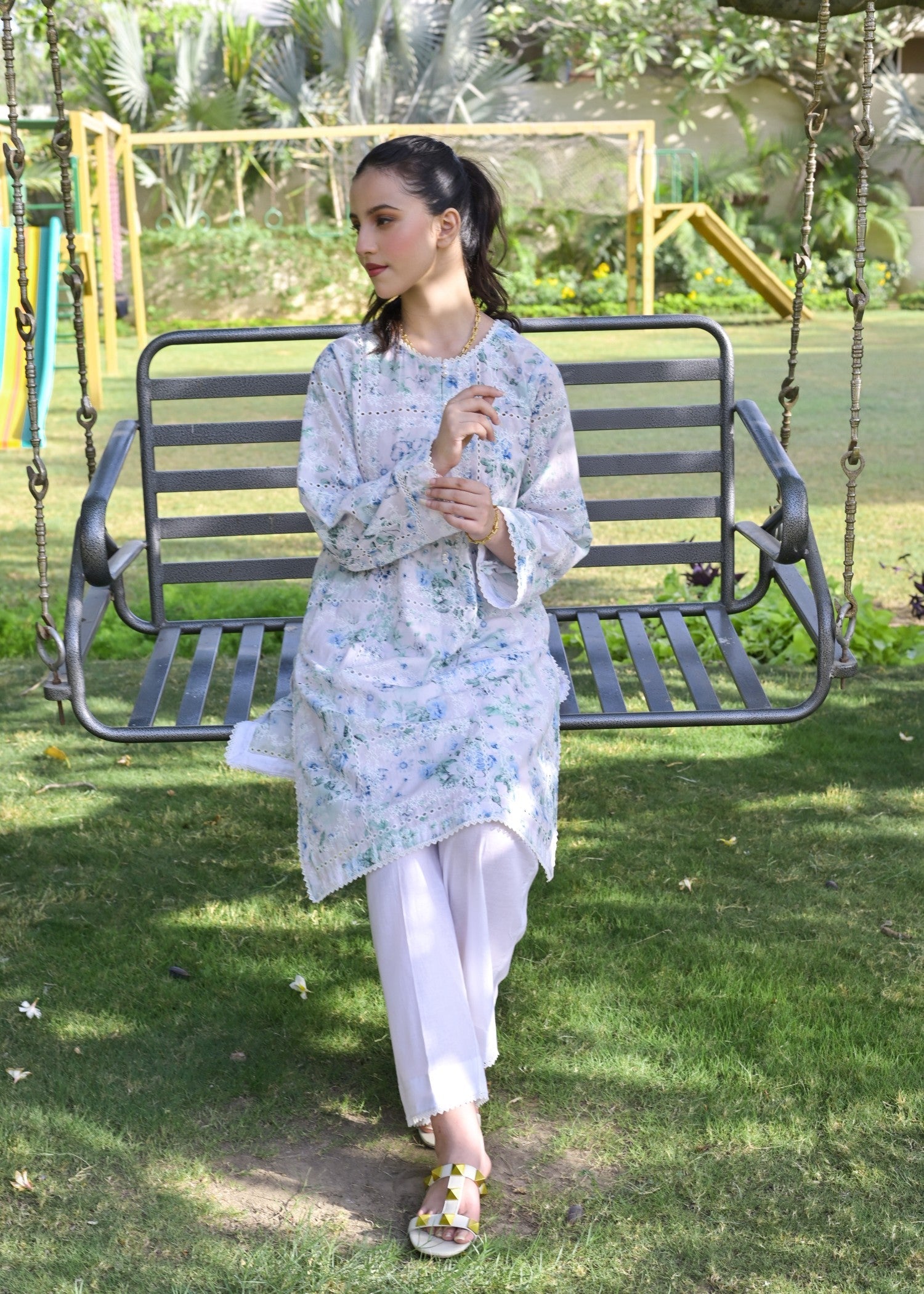 chikankari cotton Kurta Set in Floral white