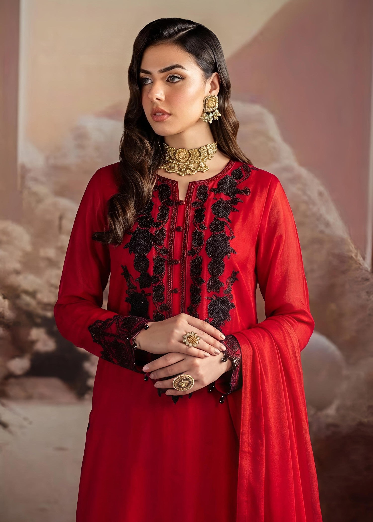 bemberg crinkle chiffon Kurta Set in Blood red
