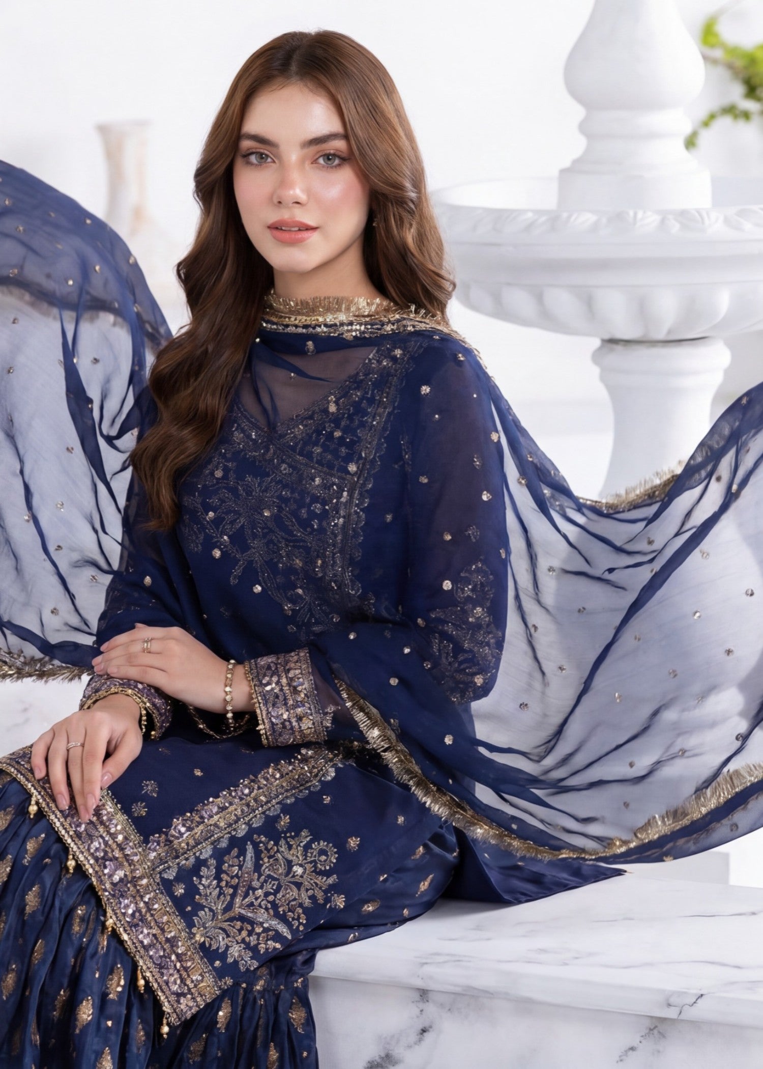 chiffon Gharara in Navy blue