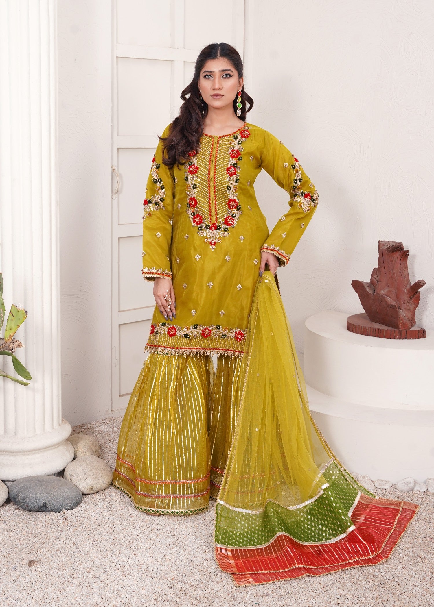 organza Gharara in Olive green