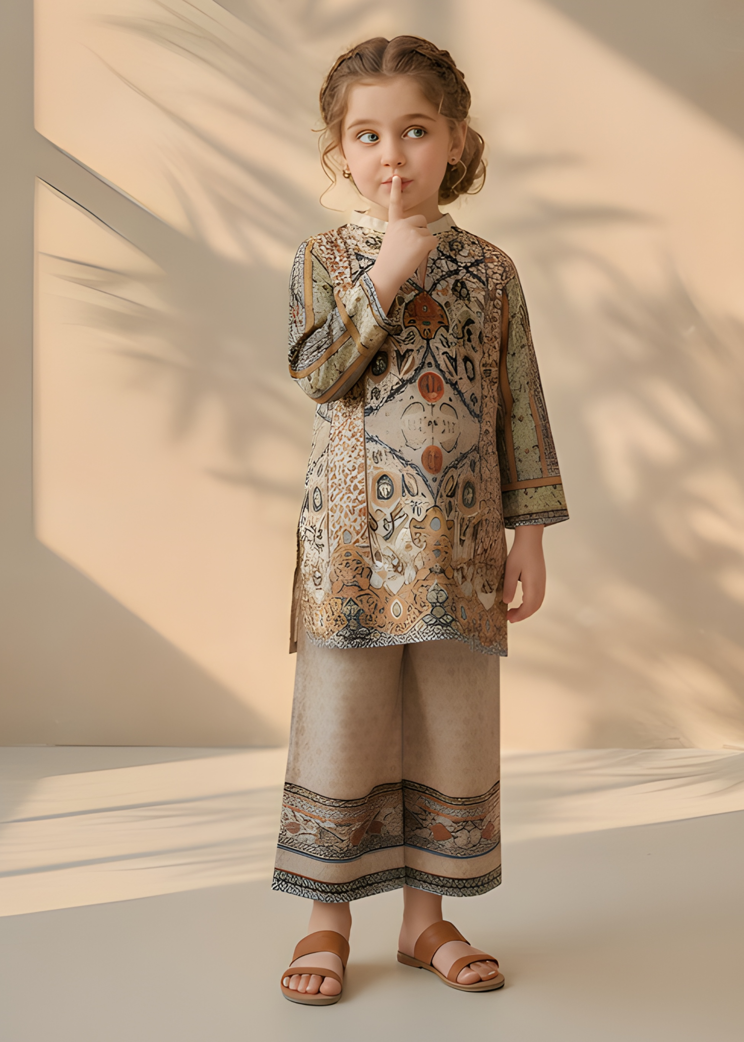 polyester crepe Kurta Set in Brown