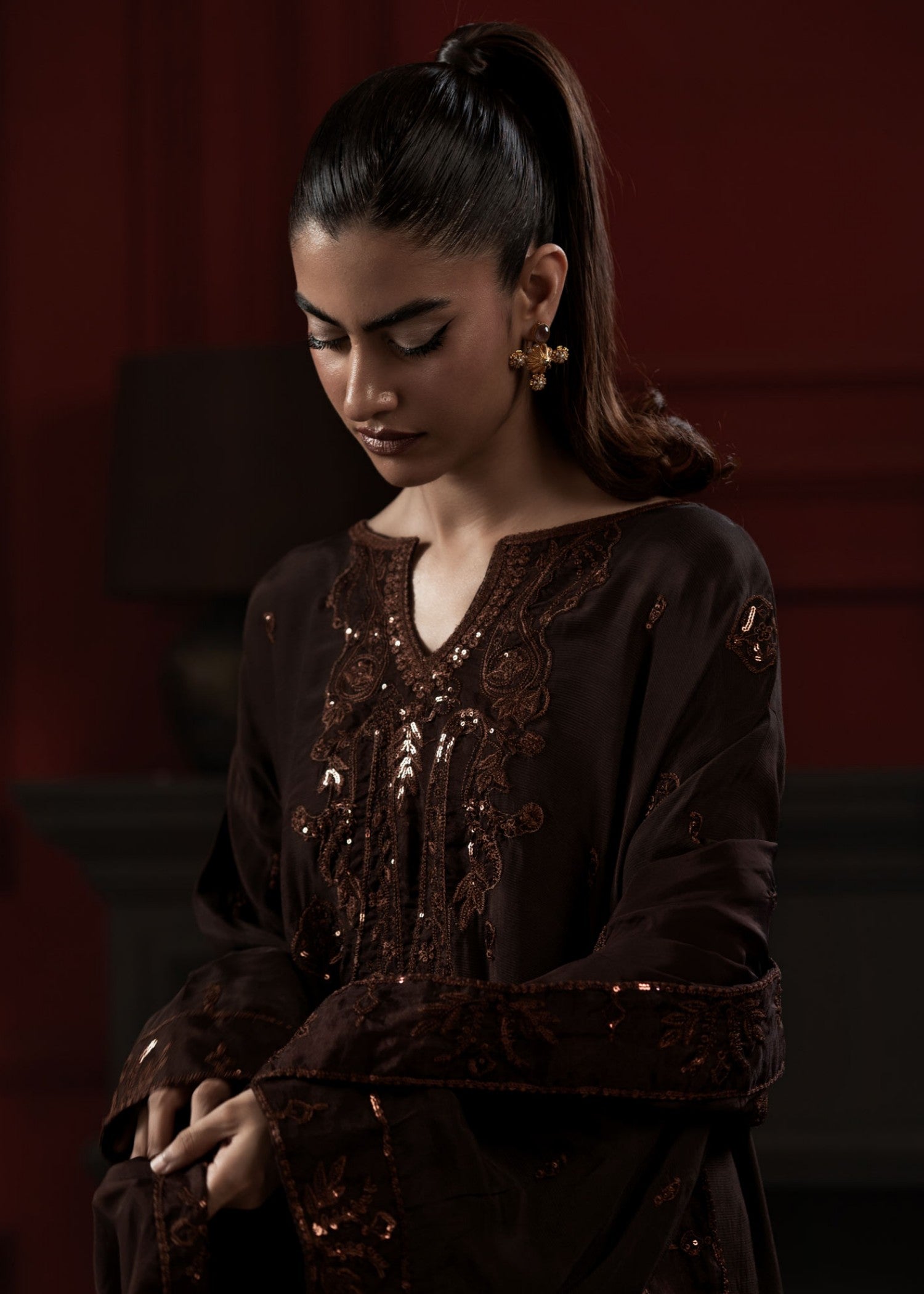 raw silk Kaftan in Brunette brown