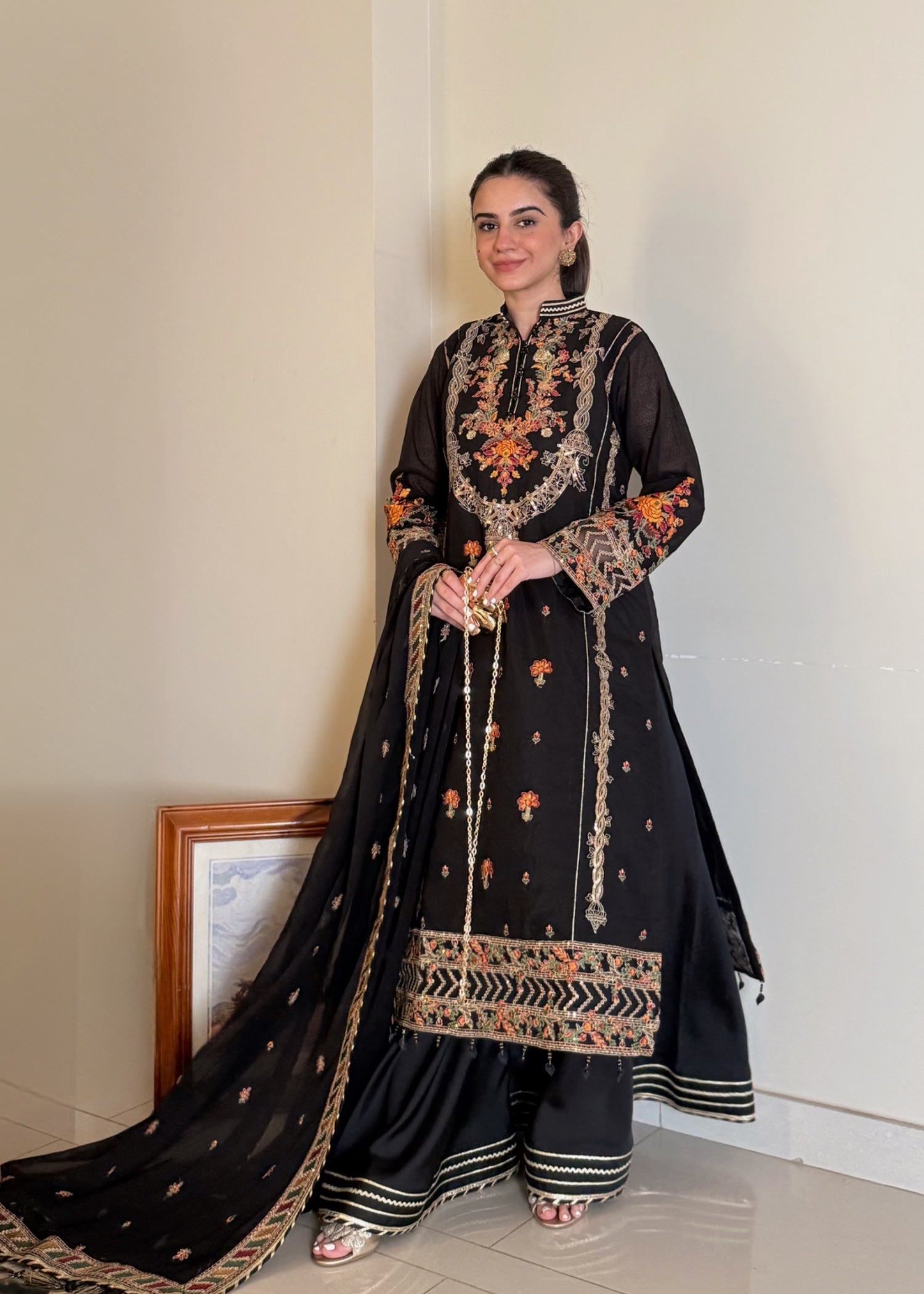 khaddi net Kurta Set in Jet black