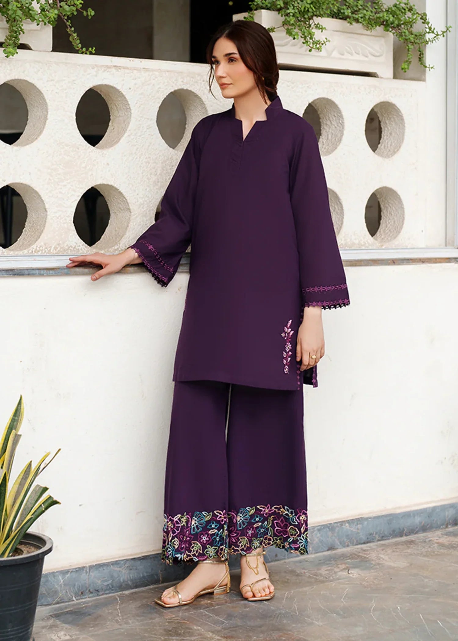 blended satin Kurta Set in Purple