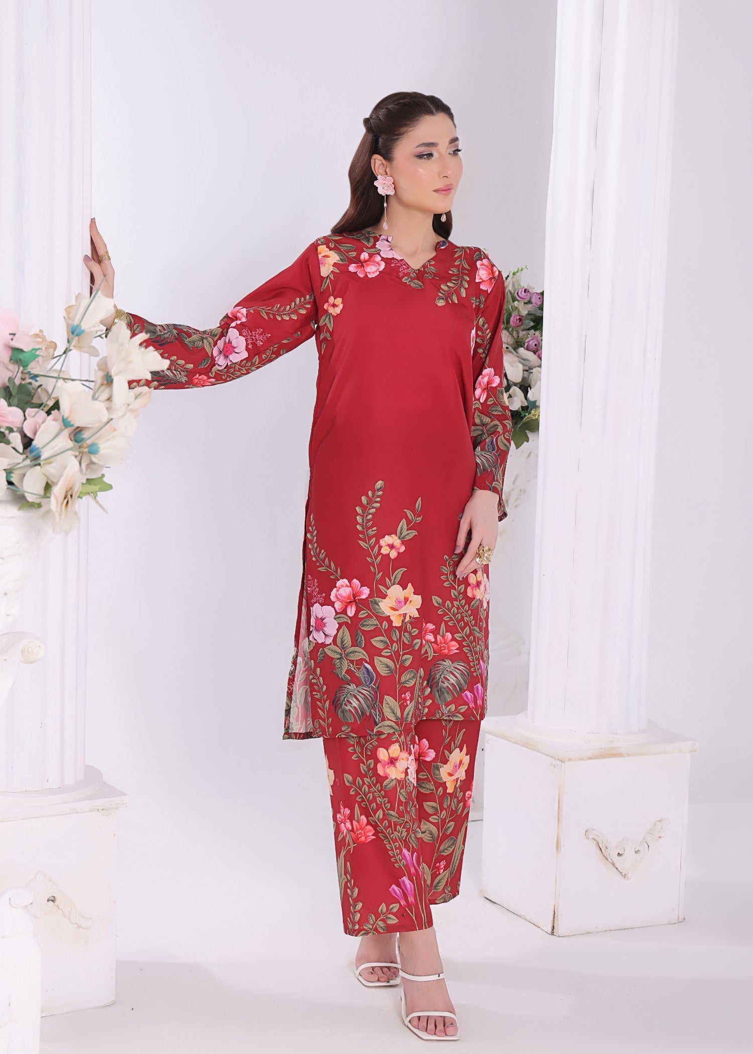 poly lawn Co Ord Sets in Blood red