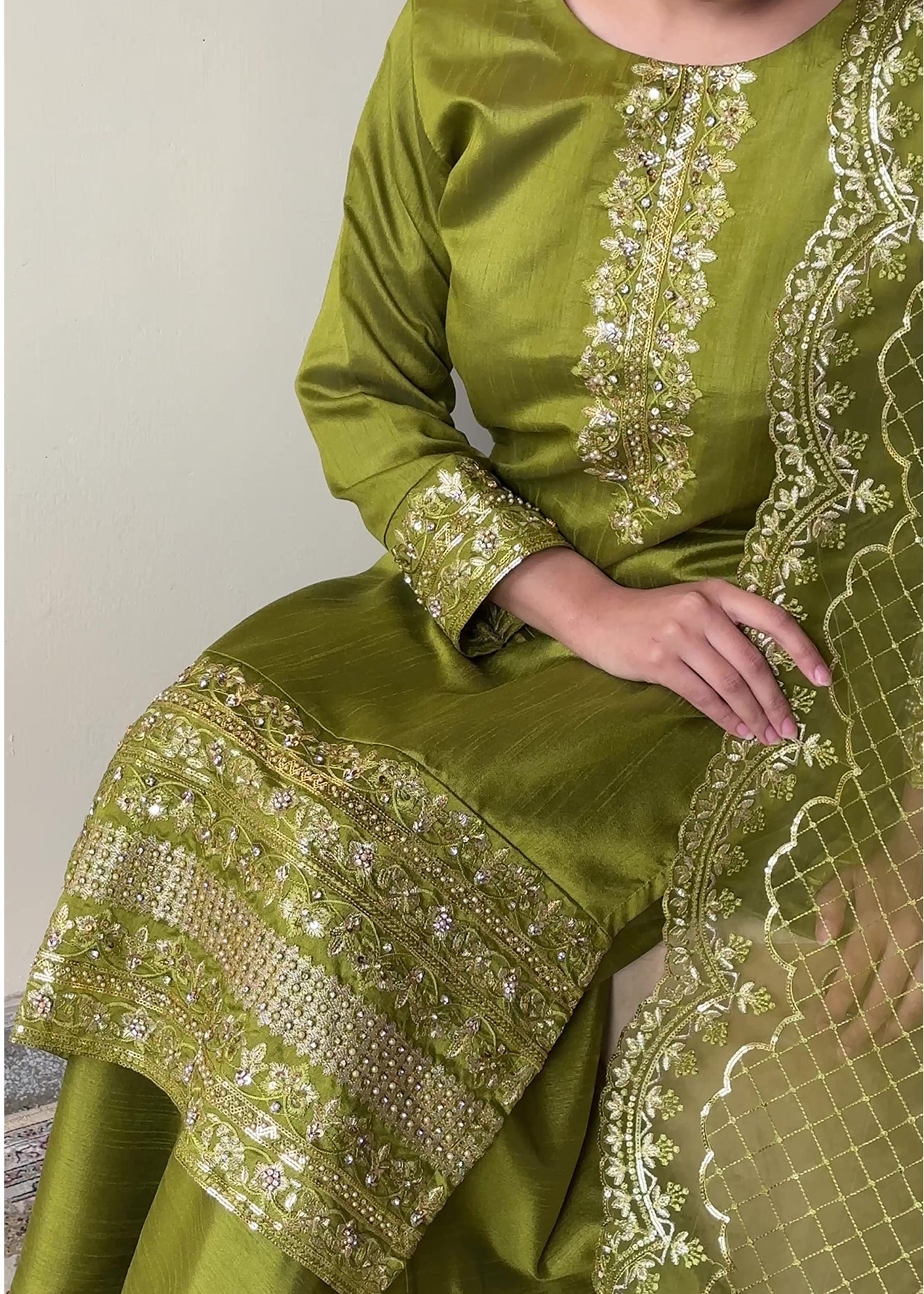 raw silk Sharara in Green