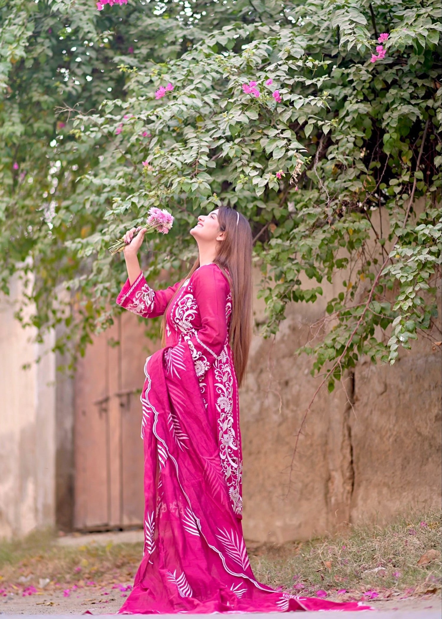 khaddi net Kurta Set in Hot pink