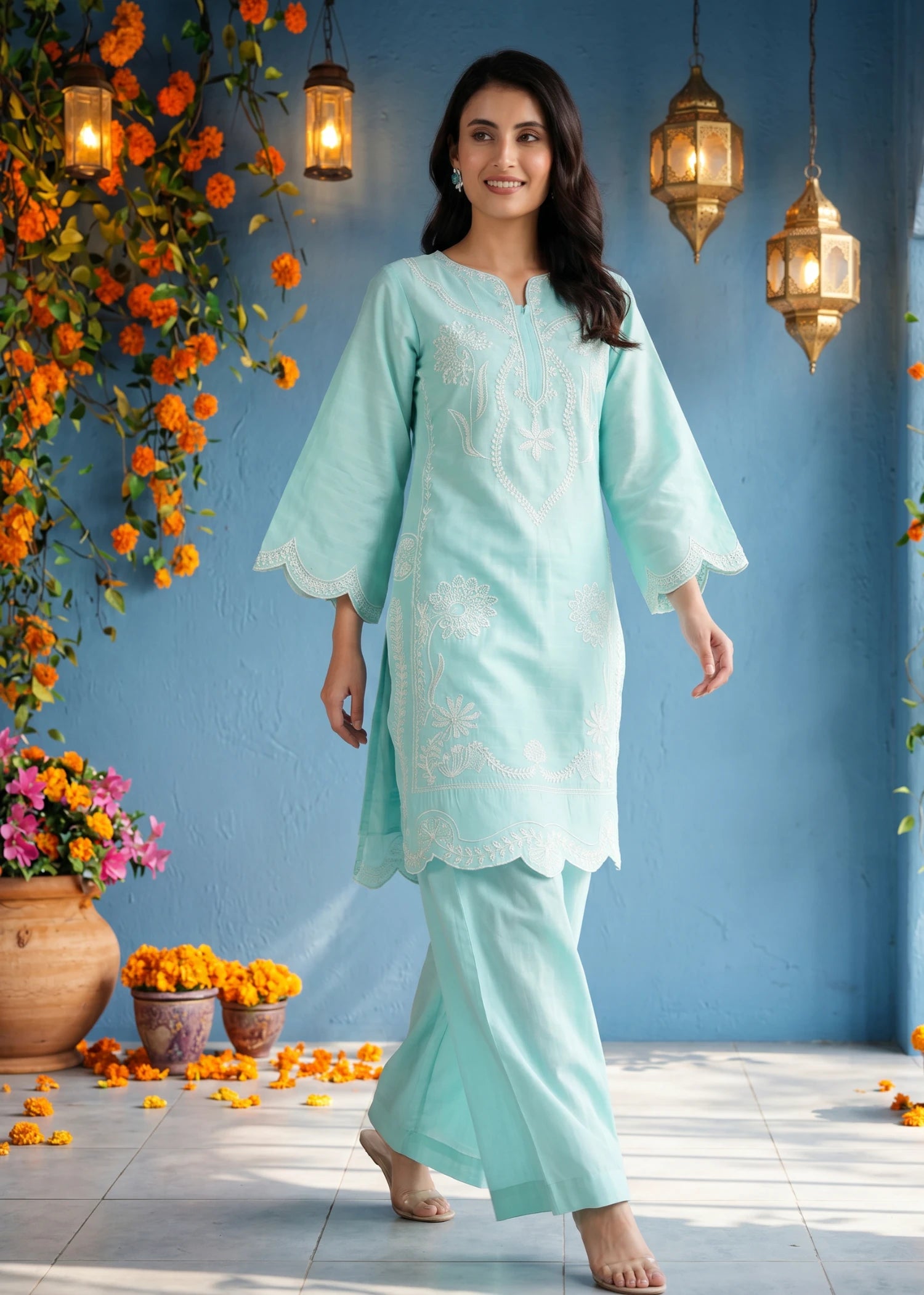 textured lawn Kurti in Sky blue