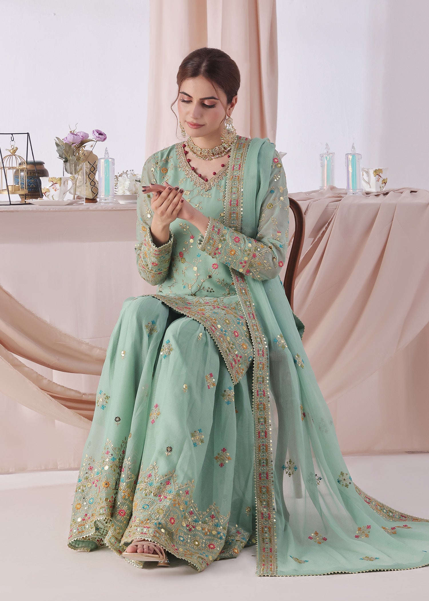 chiffon Gharara in Aquamarine