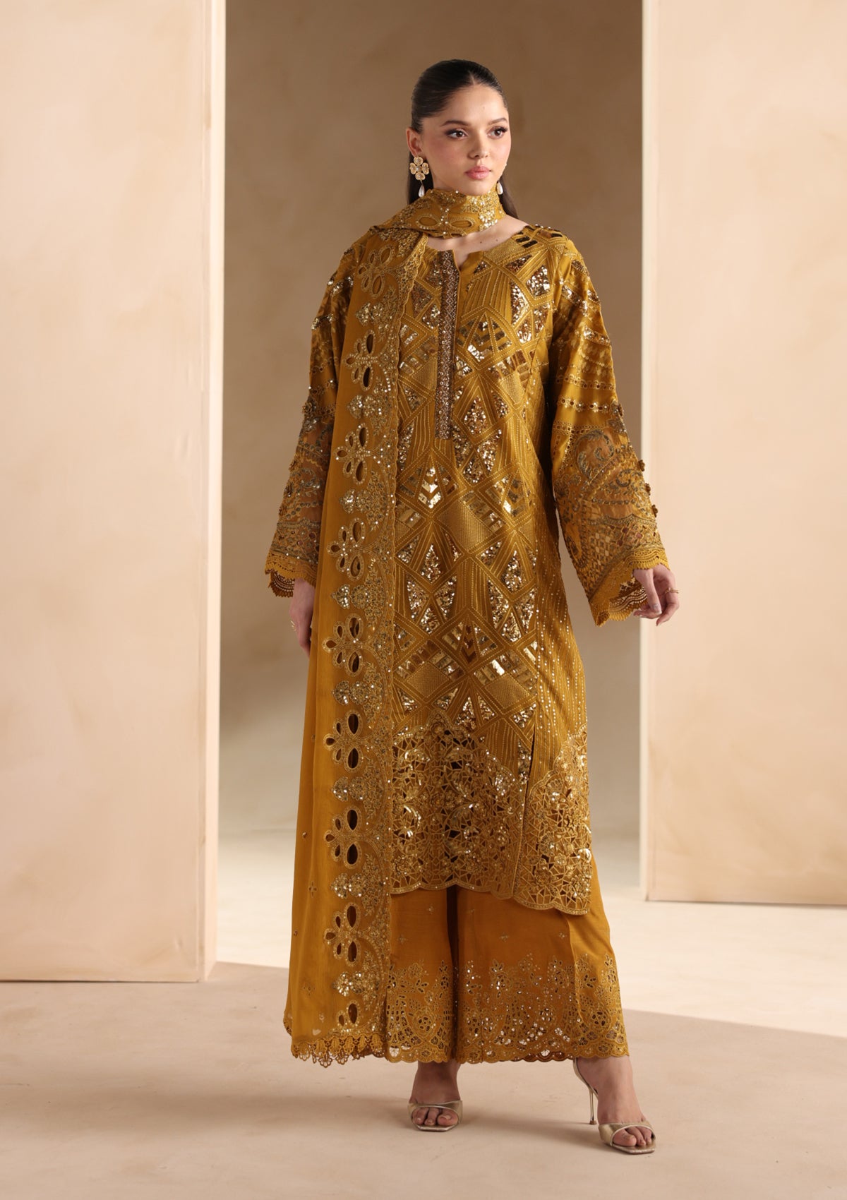 chiffon Kurta Set in Mari gold