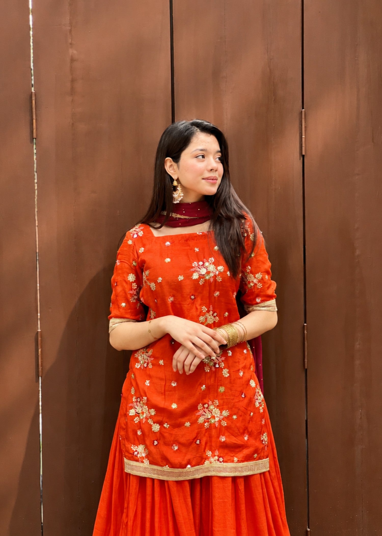 raw silk Sharara in Burnt orange