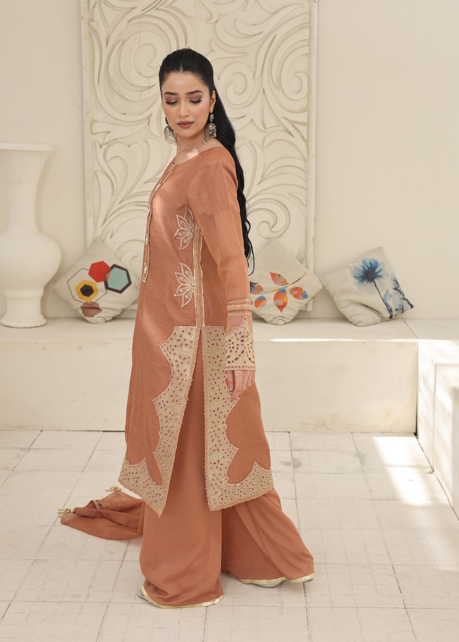 khaddi net Kurta Set in Desert orange
