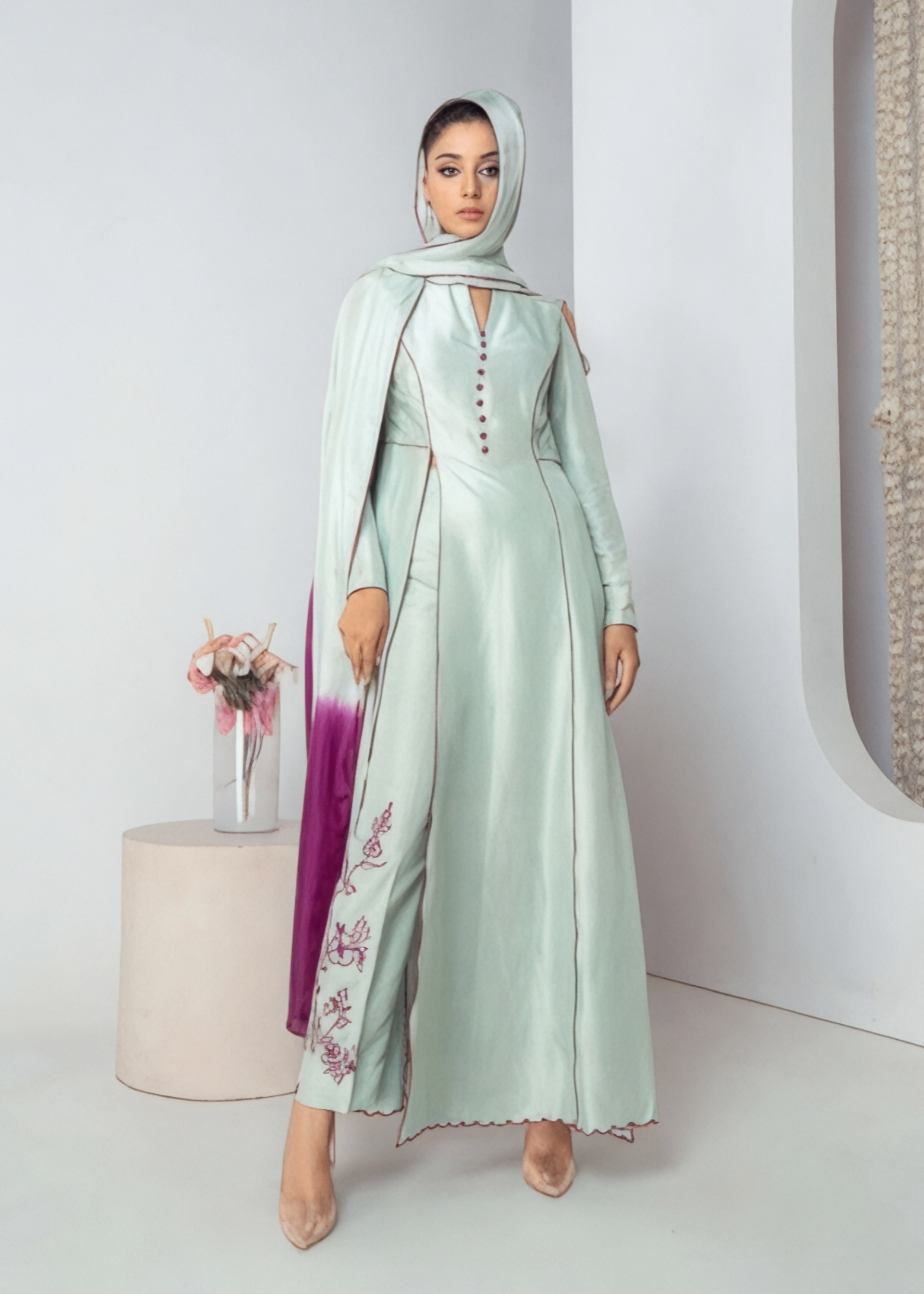 raw silk Kurta Set in Light cyan