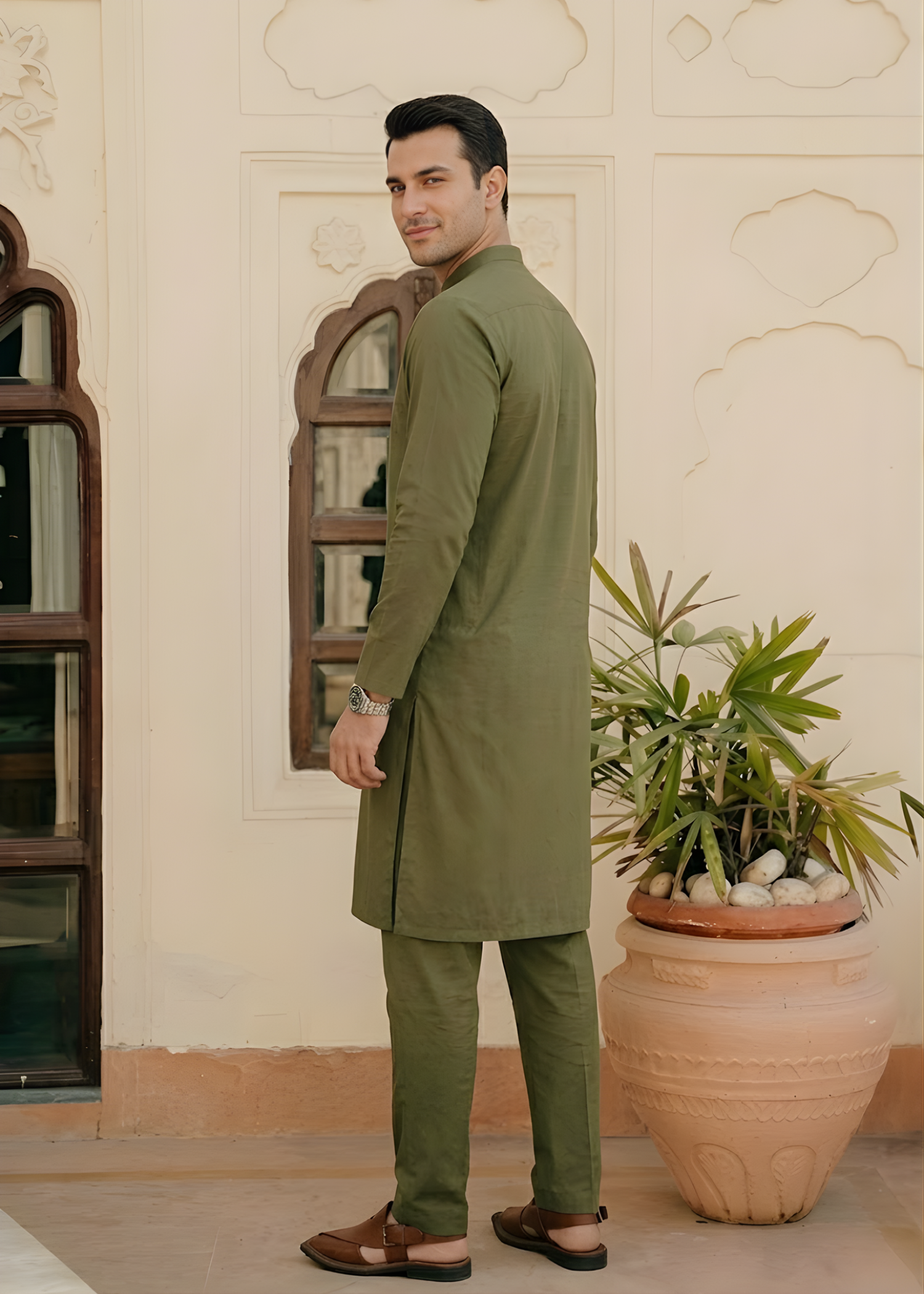 cotton Kurta Set in Olive green by Pinstripe