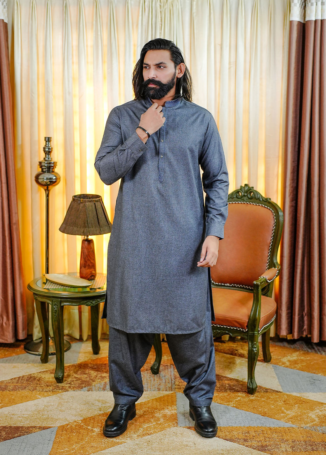 acrylic wool Shalwar Kameez in Twilight blue