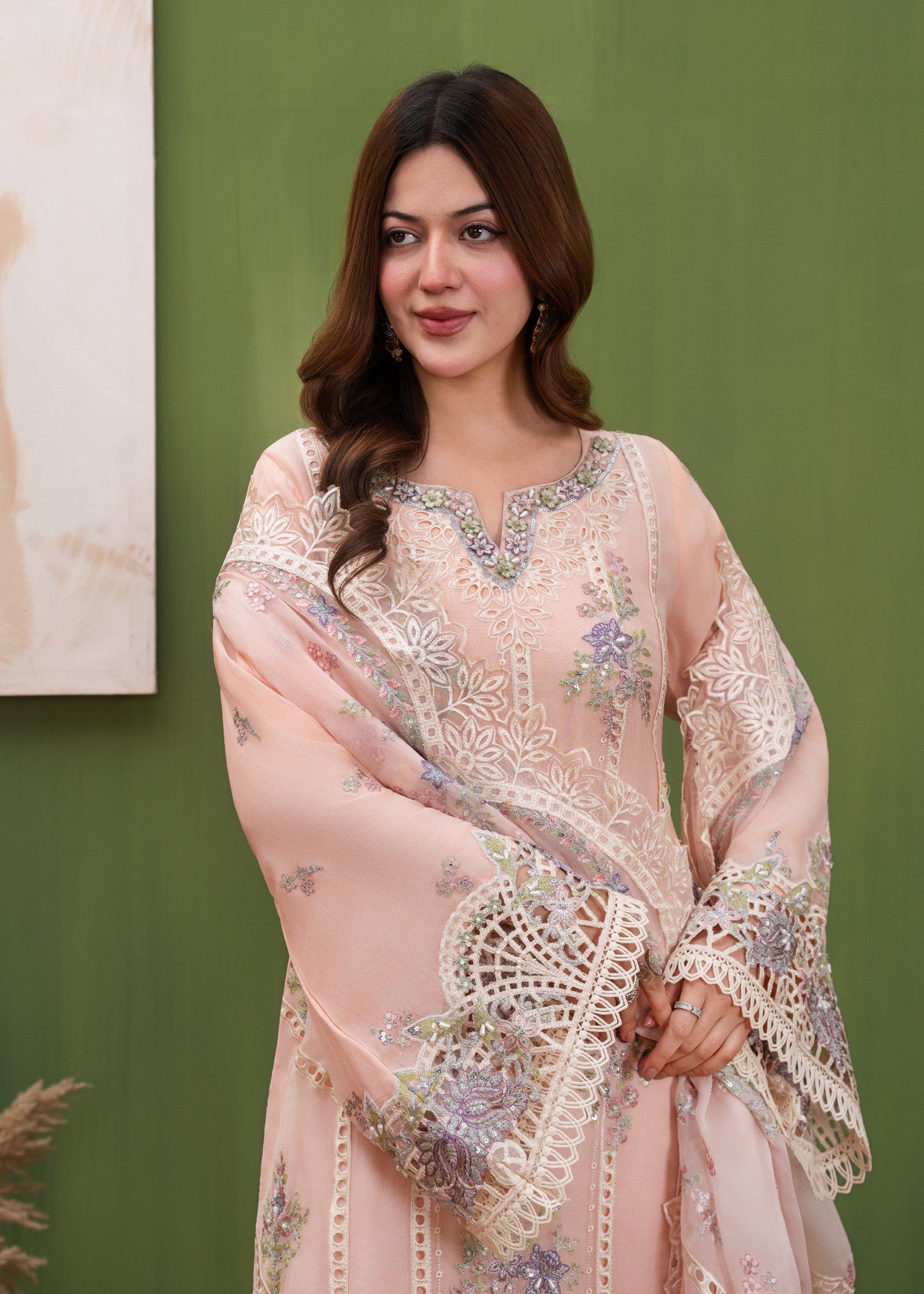 crinkle chiffon Kurta Set in Peach pink
