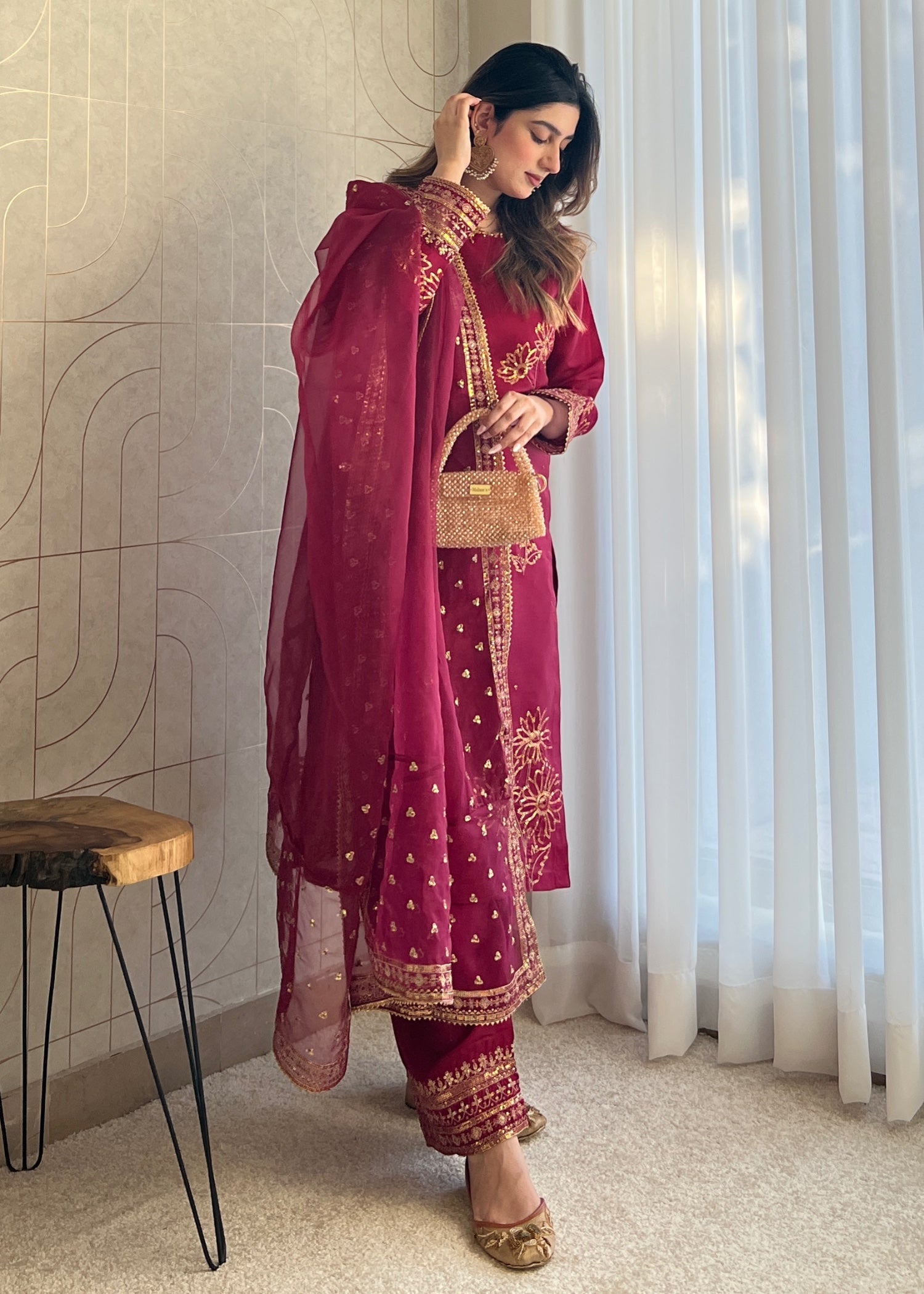 silk Kurta Set in Magenta haze