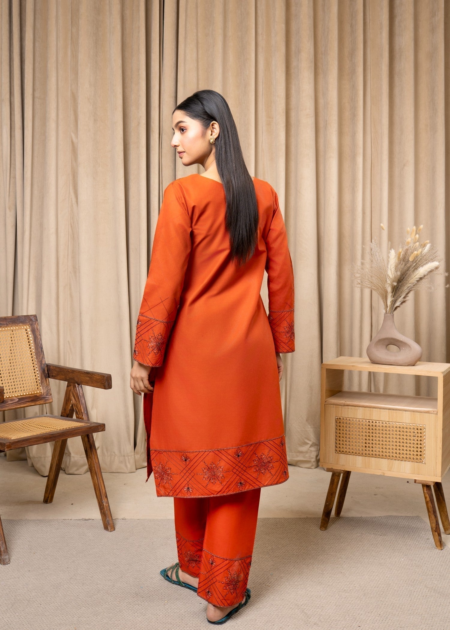 cotton Kurta Set in Pumpkin orange