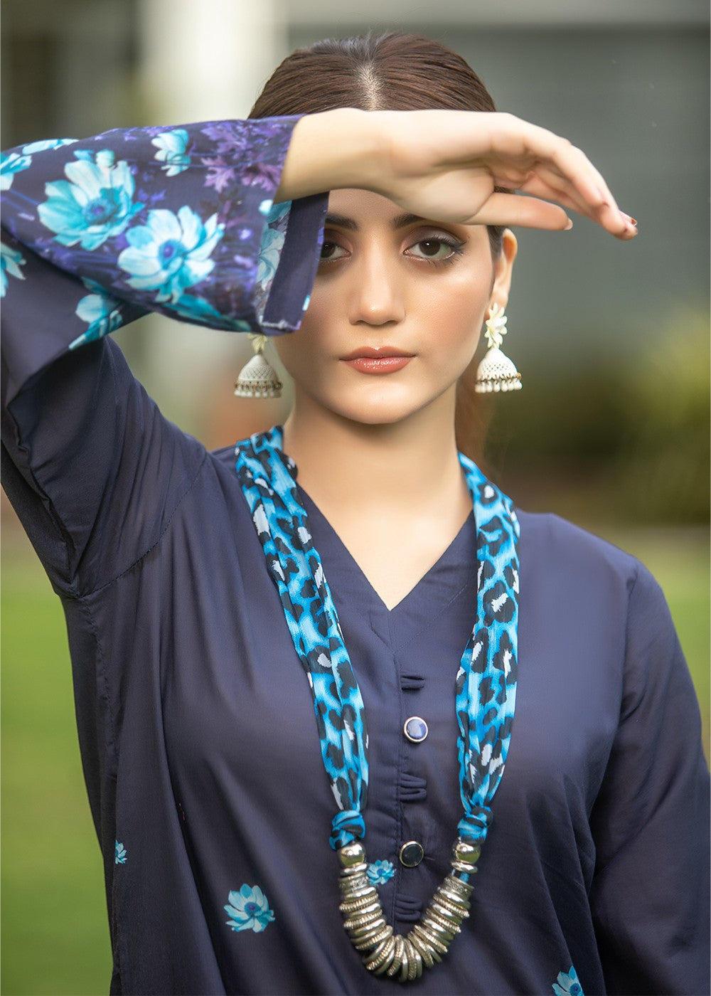 lawn Kurta Set in Dark blue