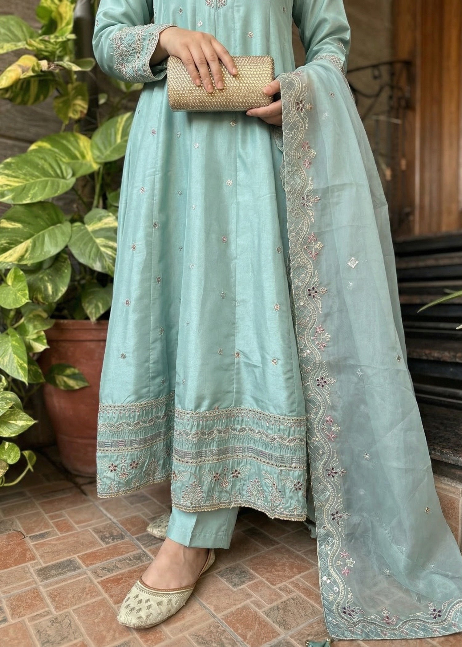 silk Pishwas in Pastel green