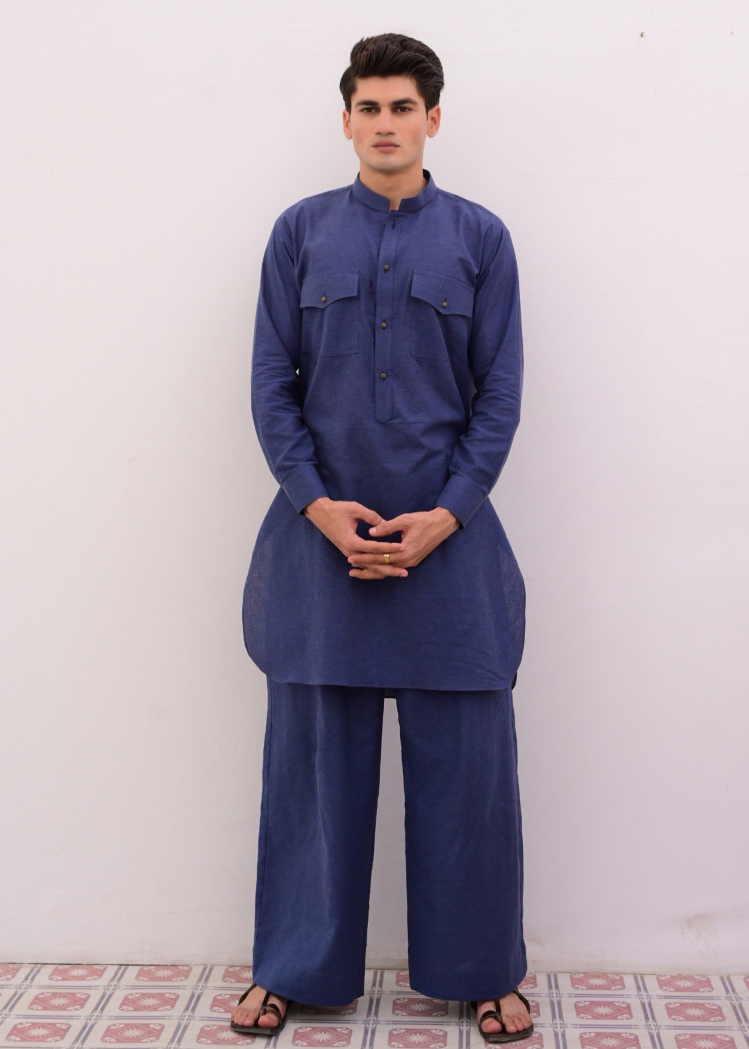 irish linen Kurta Set in Dark blue