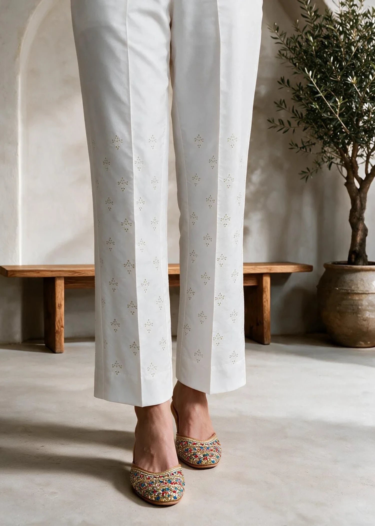 cotton silk Trousers in White