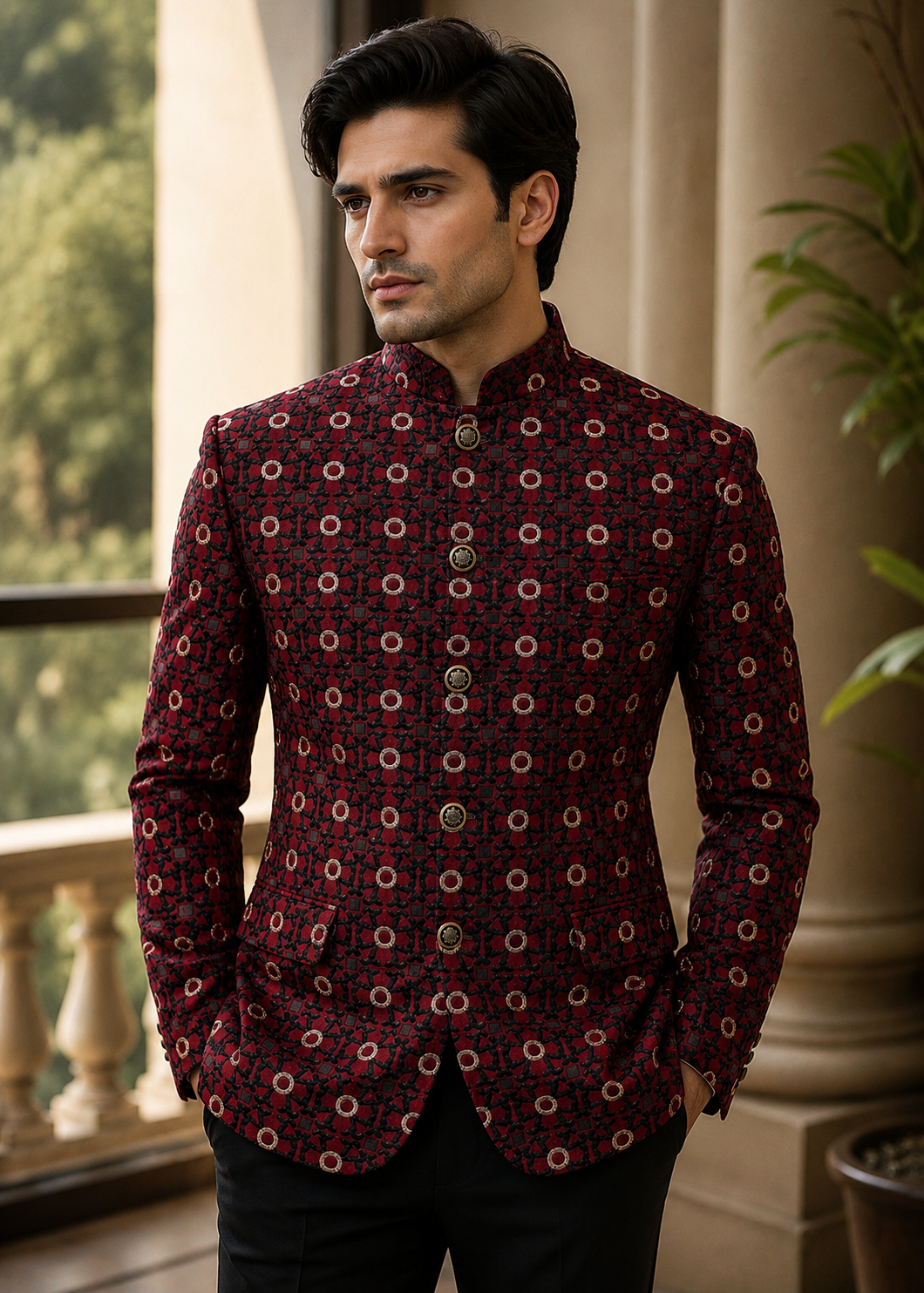 silk Prince Coat in Maroon, black