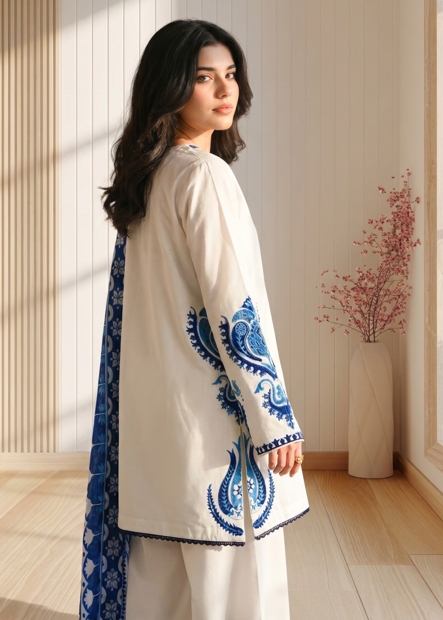 lawn cotton Kurta Set in White